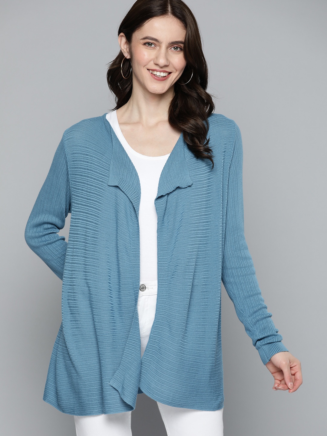 

Mast & Harbour Women Blue Textured Acrylic Front-Open Sweater