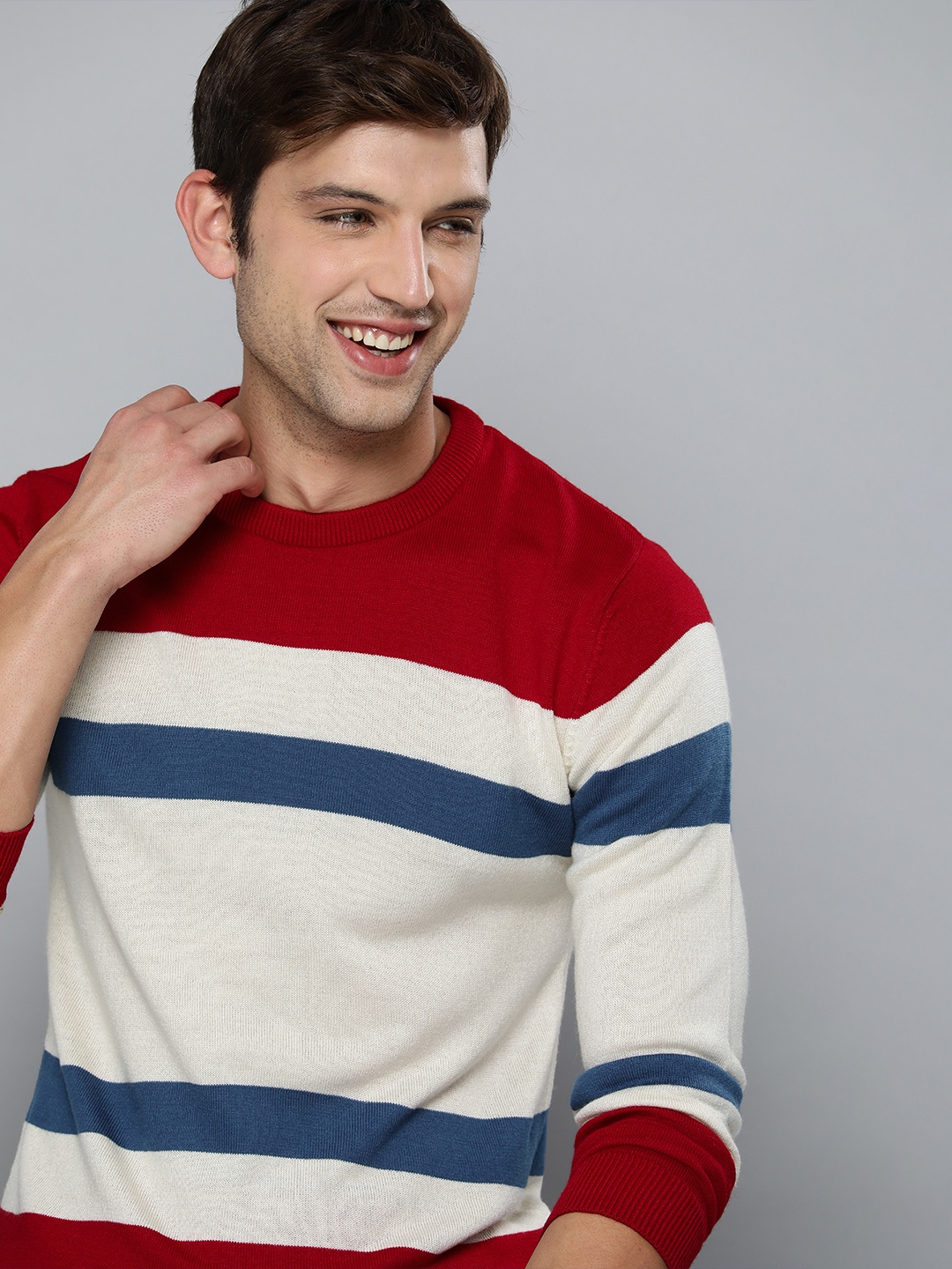 

Mast & Harbour Men Beige & Red Striped Pullover Sweater