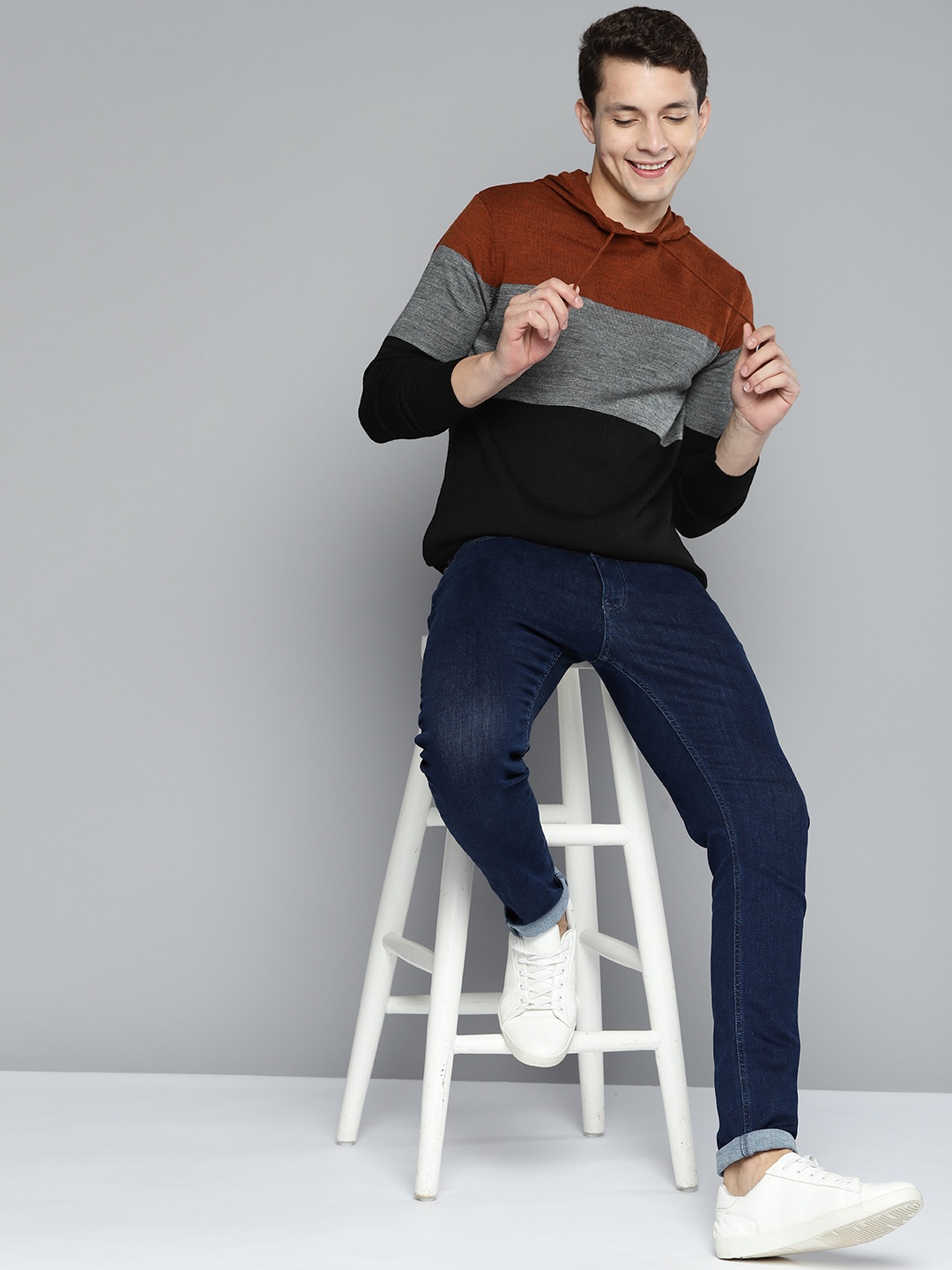 

Mast & Harbour Men Rust Orange & Grey Colourblocked Pullover