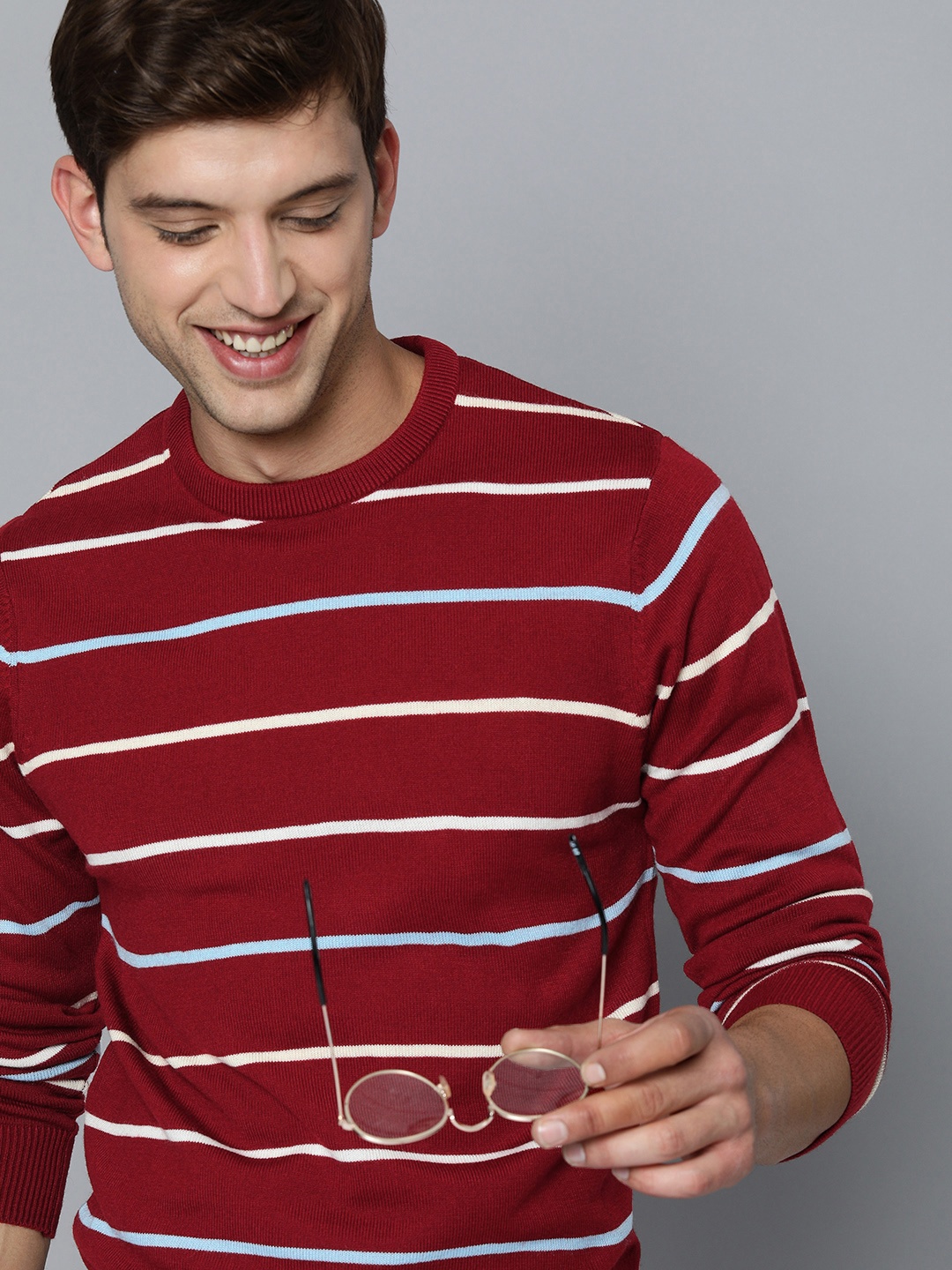 

Mast & Harbour Men Maroon & White Round Neck Striped Pullover