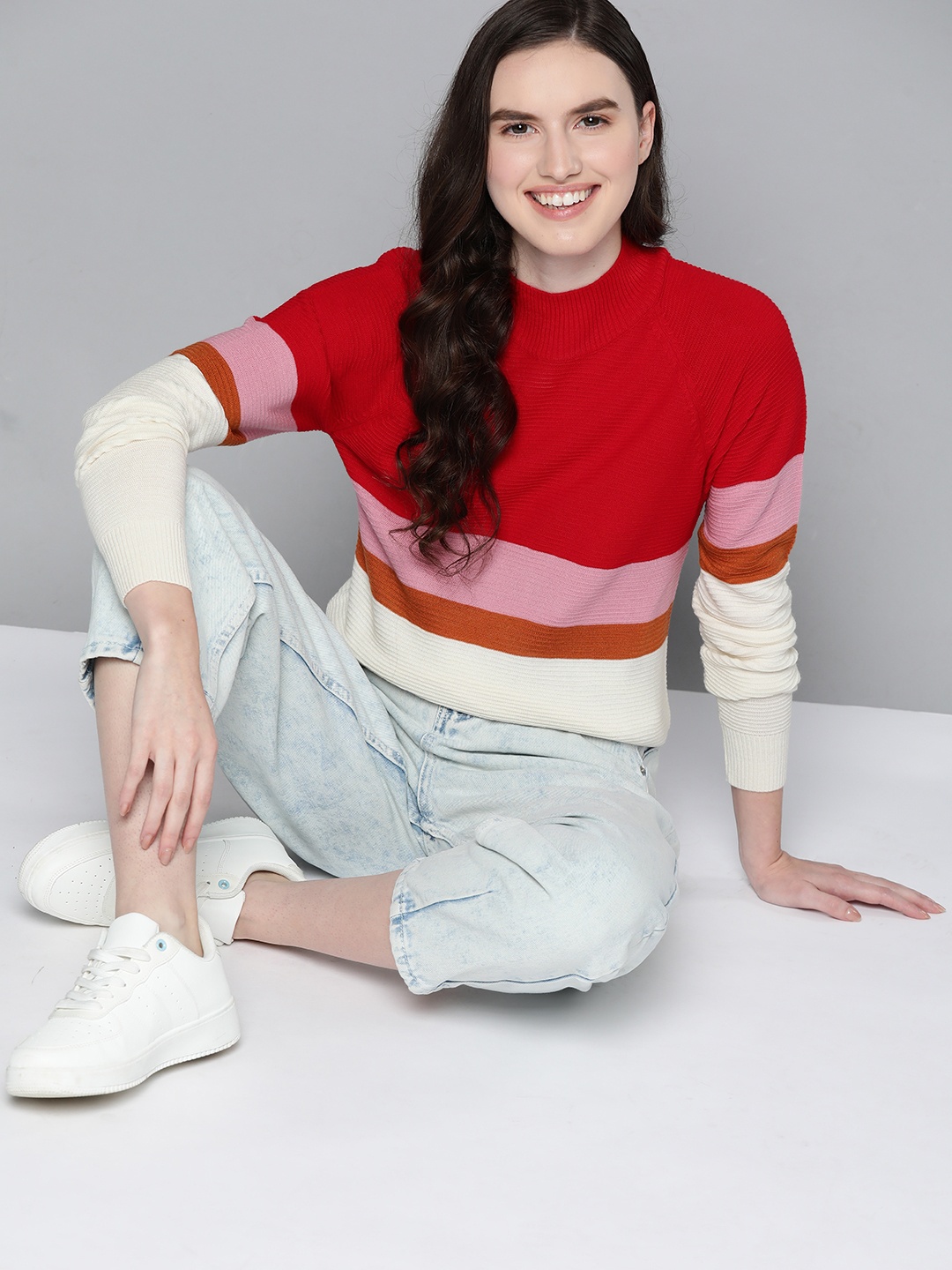 

Mast & Harbour Women Red & Off White Striped Acrylic Raglan Sleeves Pullover