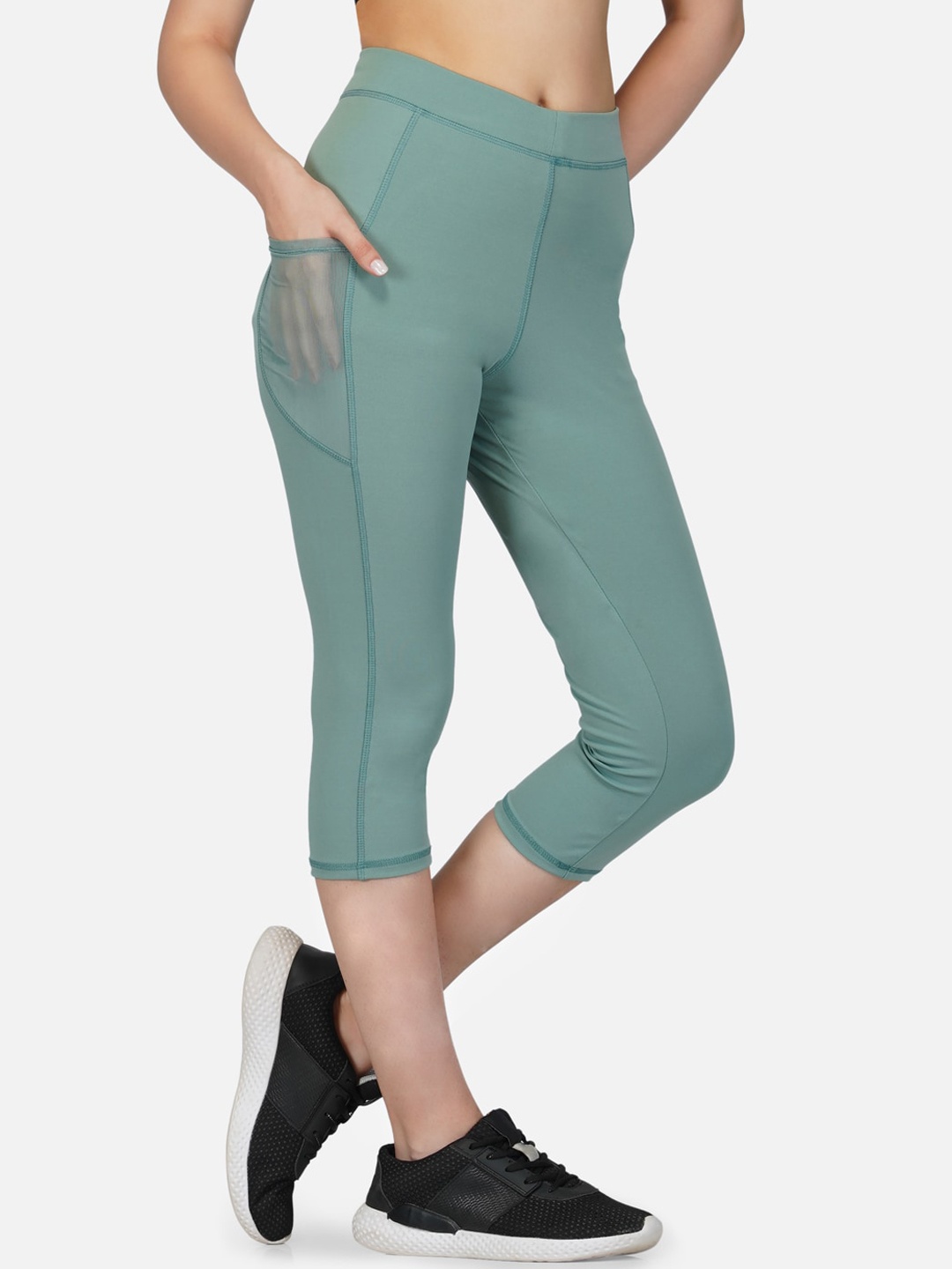 

IMPERATIVE Women Green Tights Pants With 2 Phone Pockets With Mesh Inserts