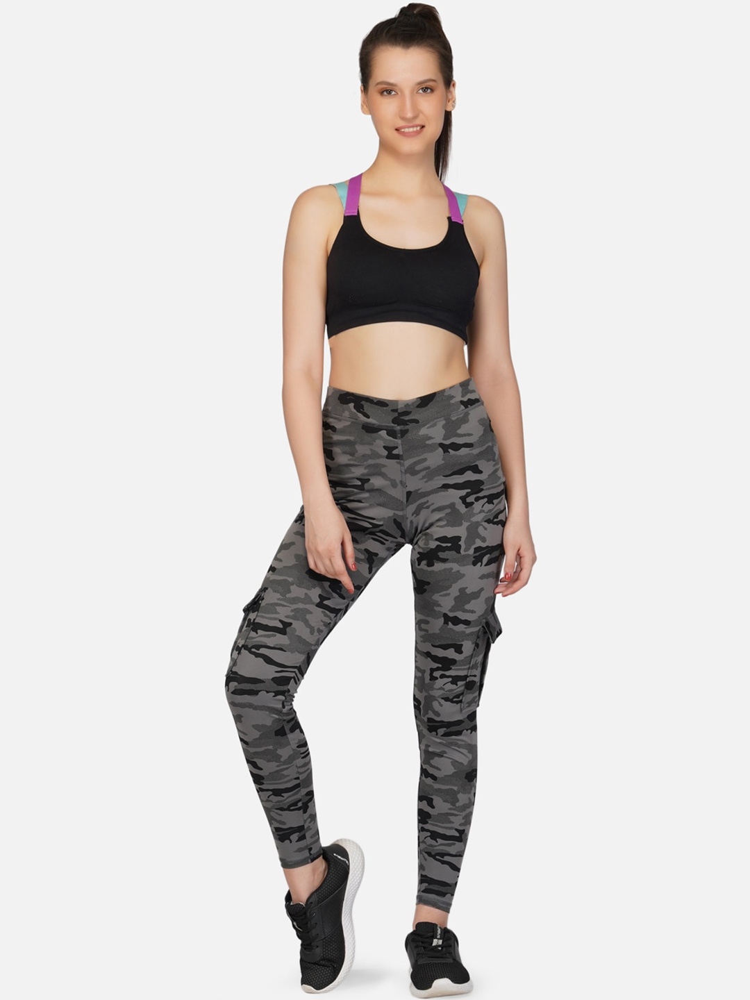 

IMPERATIVE Women Grey & Black Camouflage Printed Slim-Fit Ankle-Length Tights