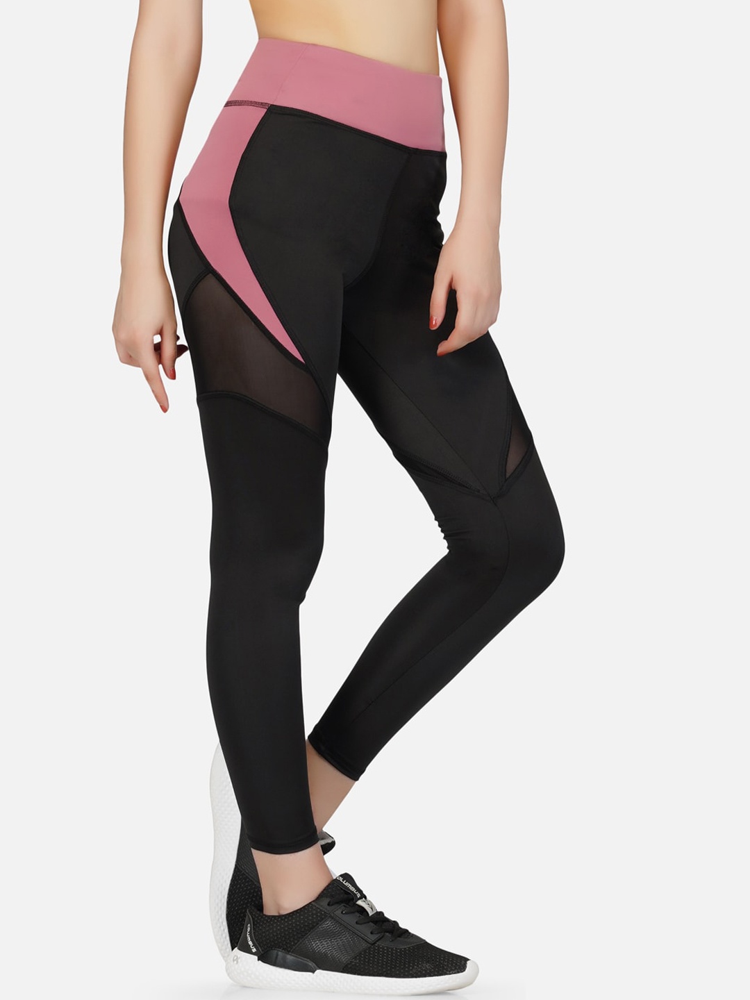 

IMPERATIVE Women Black & Pink Stretchable Pants With Mesh Inserts