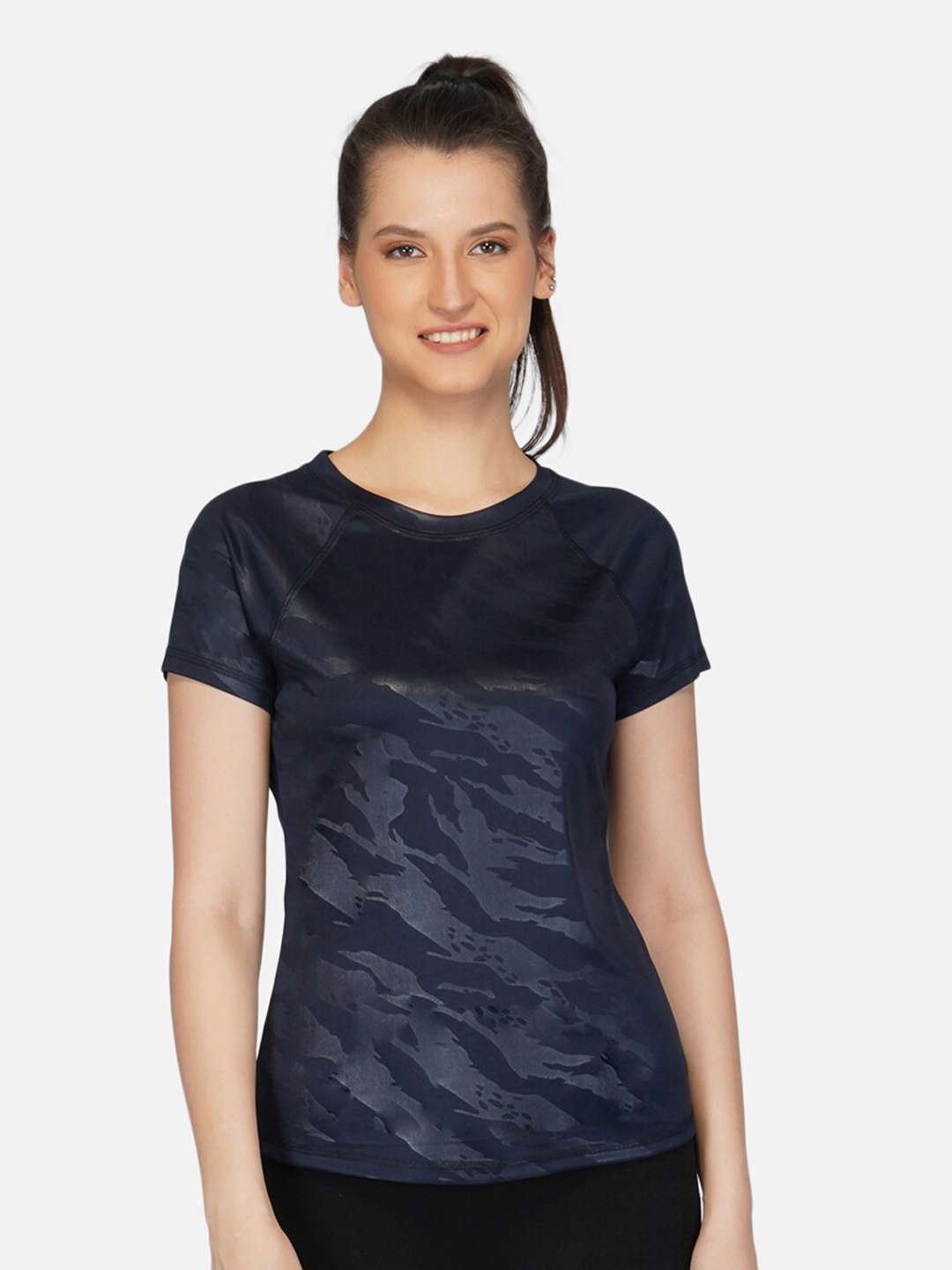 

IMPERATIVE Women Navy Blue Camouflage Printed T-shirt