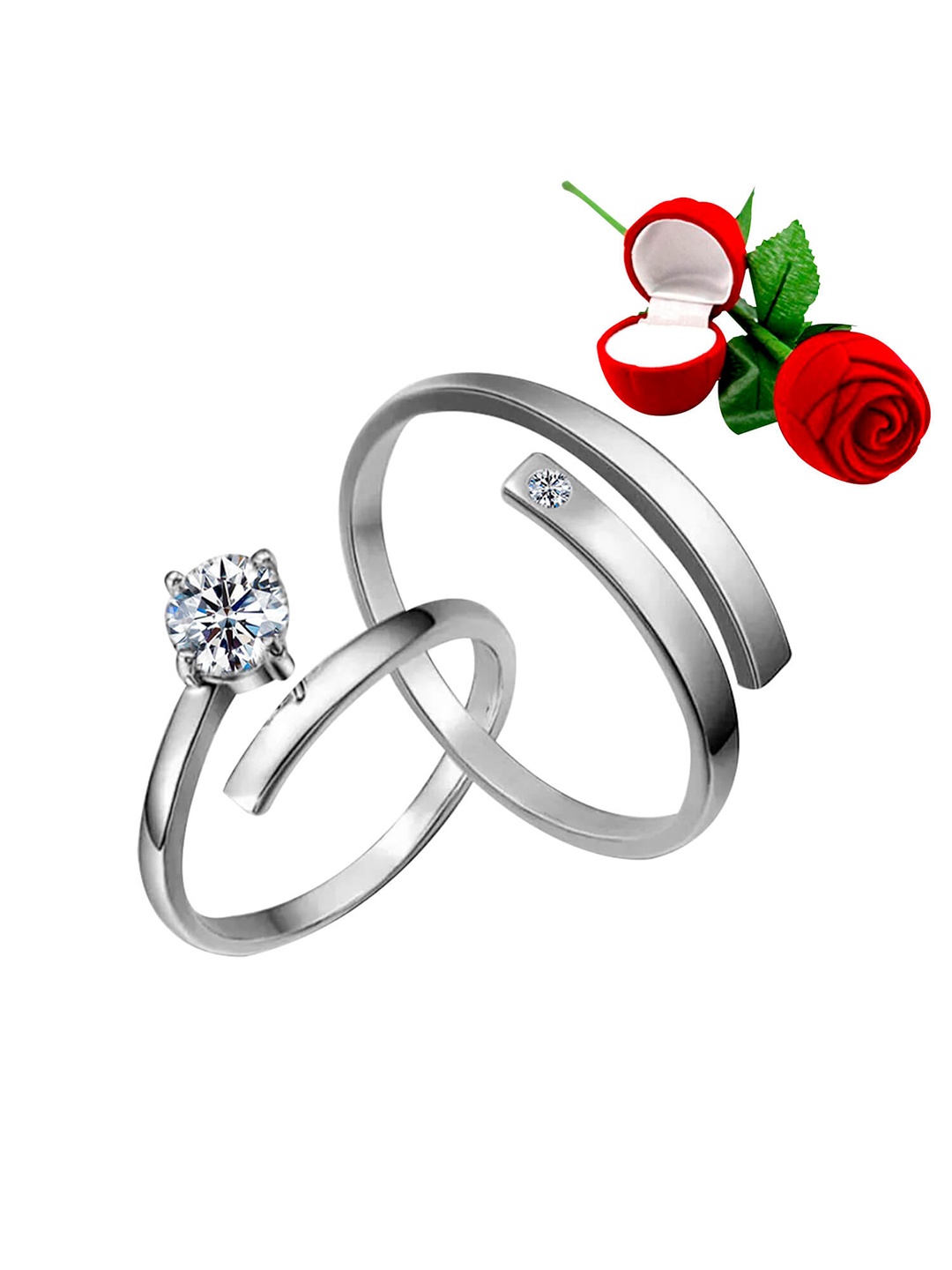 

Silver Shine Set Of 2 Silver-Toned & White Stone-Studded Adjustable Couple Finger Rings