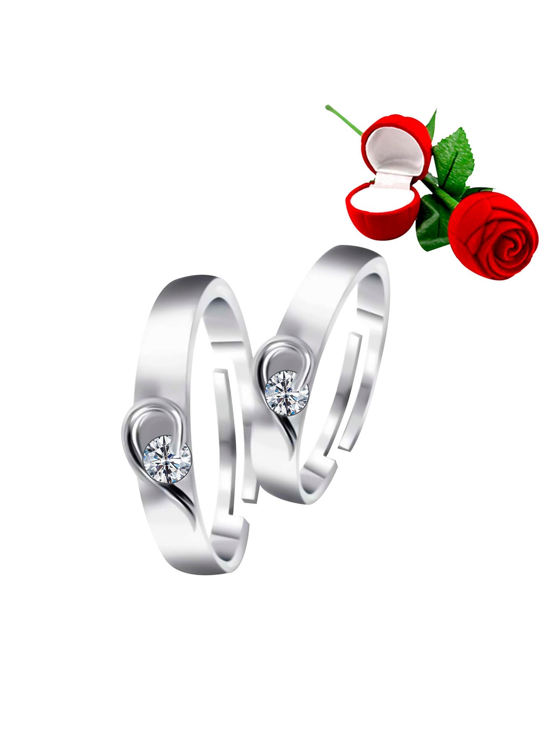 

Silver Shine Set Of 2 Silver-Plated White Stone-Studded Adjustable Couple Finger Rings