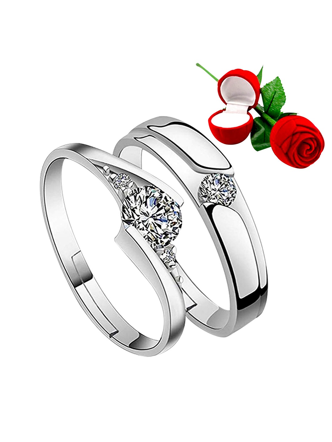 

Silver Shine Set Of 2 Silver-Plated White Stone-Studded Couple Finger Rings