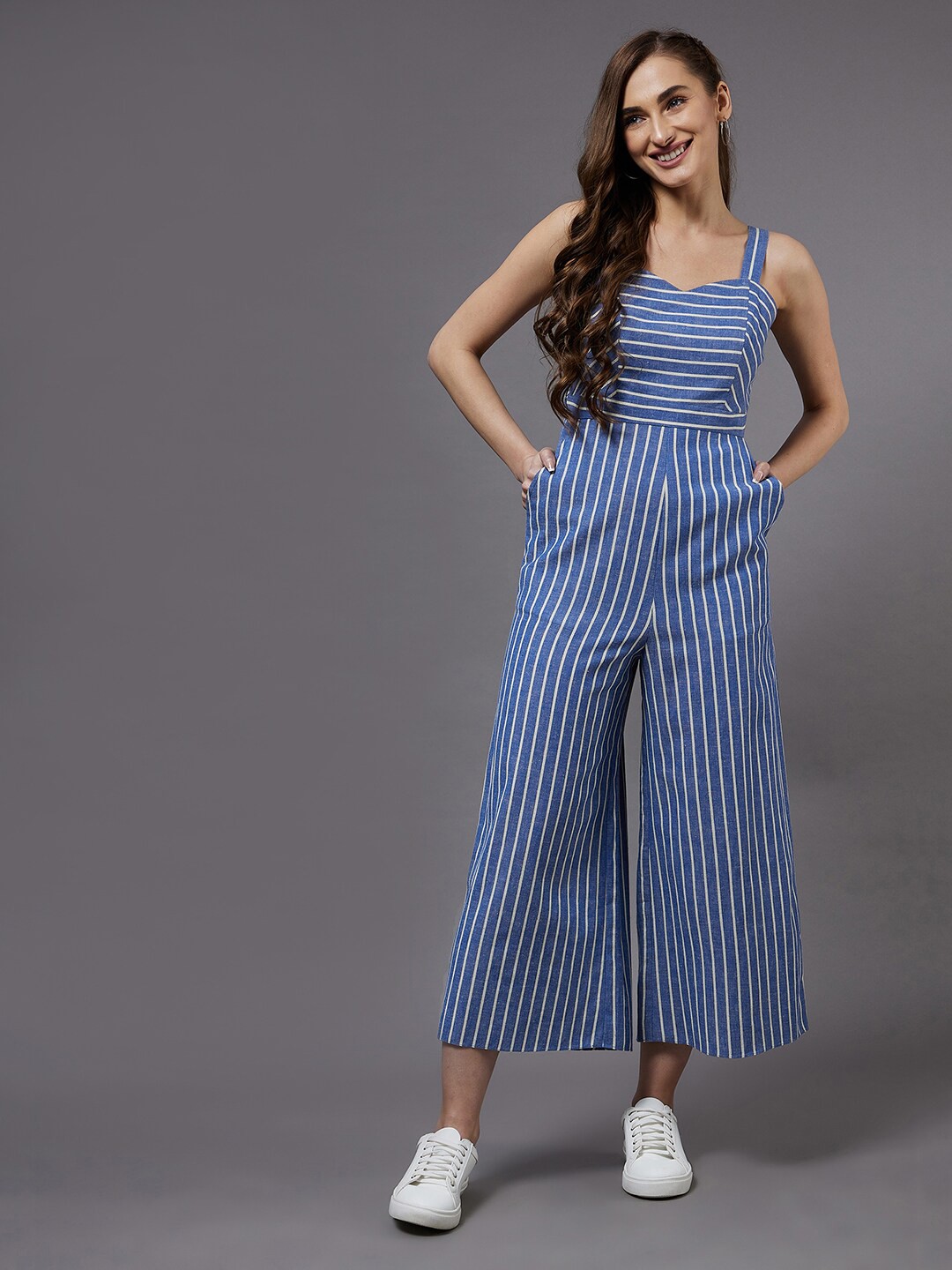

Miss Chase Blue & White Striped Cotton Capri Jumpsuit