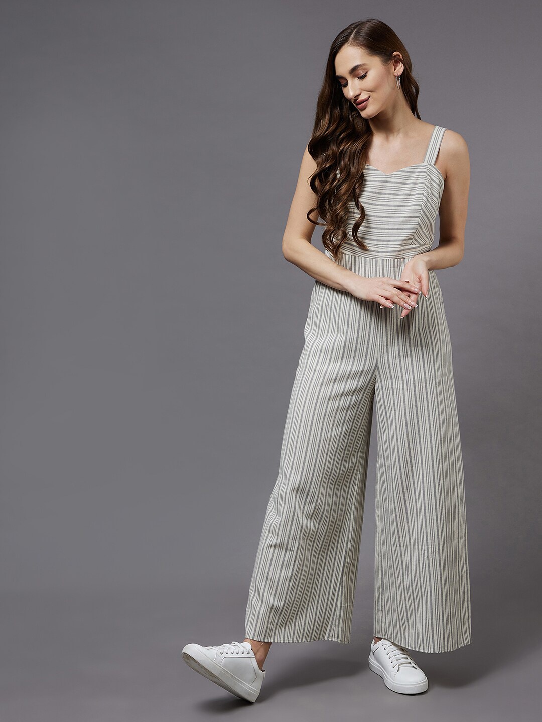 

Miss Chase Off-White & Grey Striped Pure Cotton Basic Jumpsuit