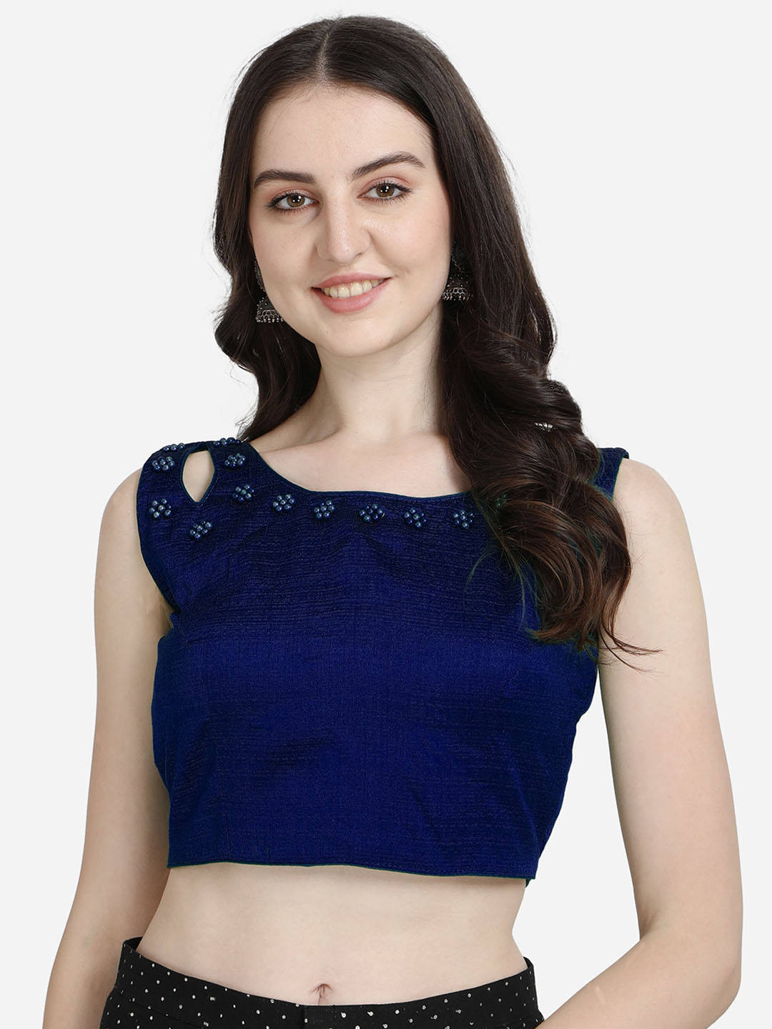 

Mesmore Women Navy Blue Solid Saree Blouse