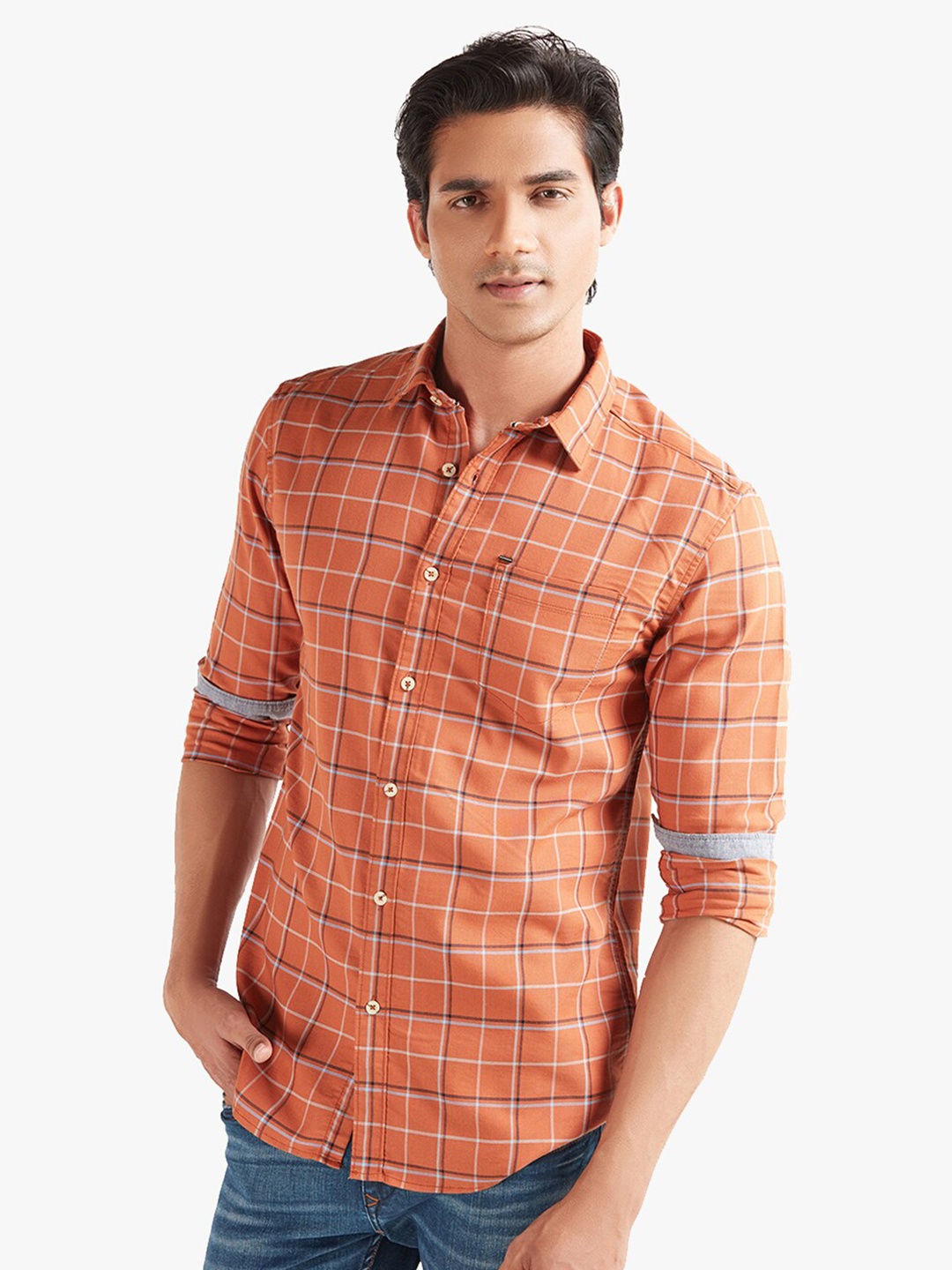 

Blue Buddha Men Orange Checked Casual Shirt