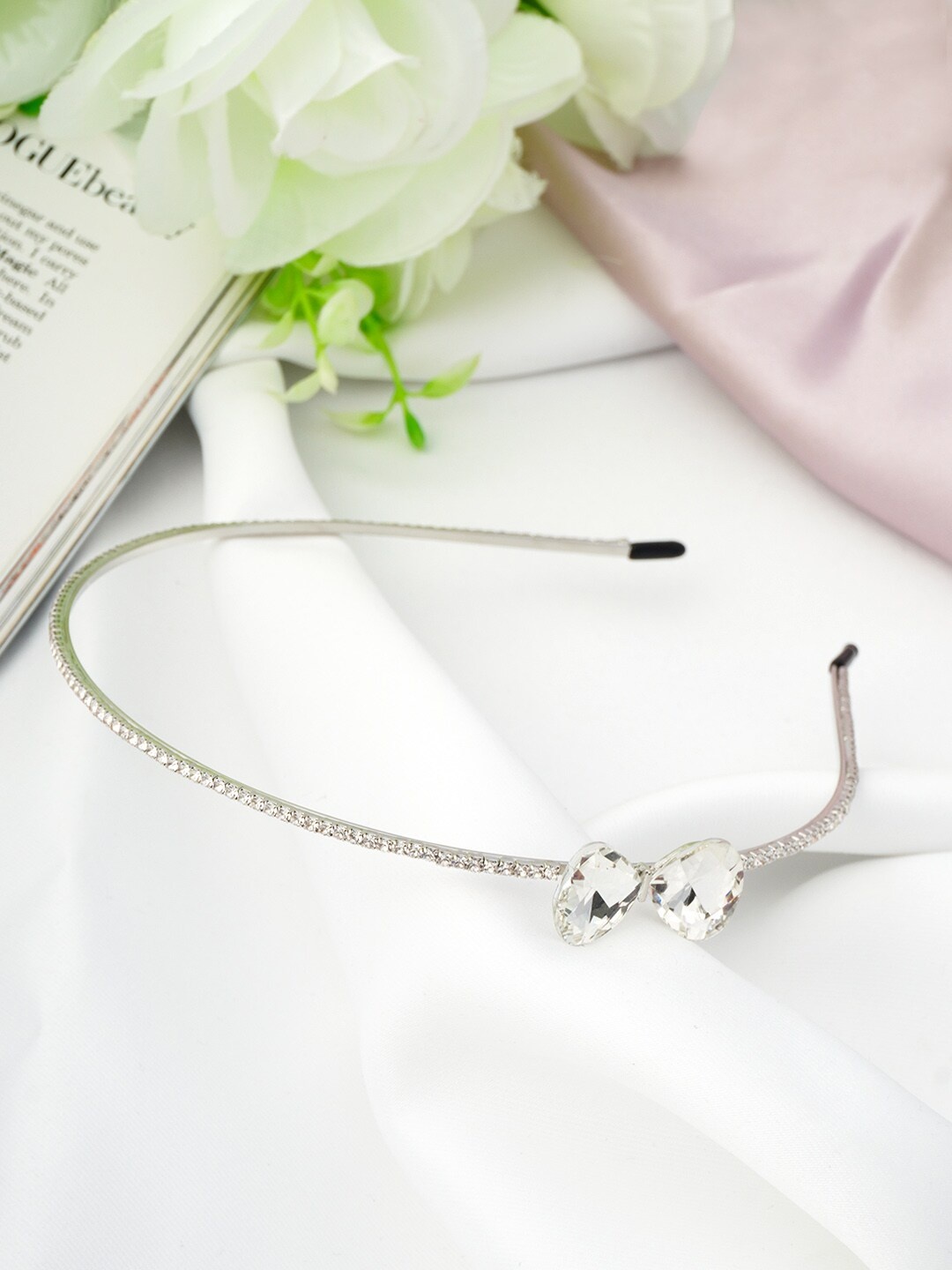 

Ferosh Women Silver-Toned & White Crystal Bow Embellished Hairband
