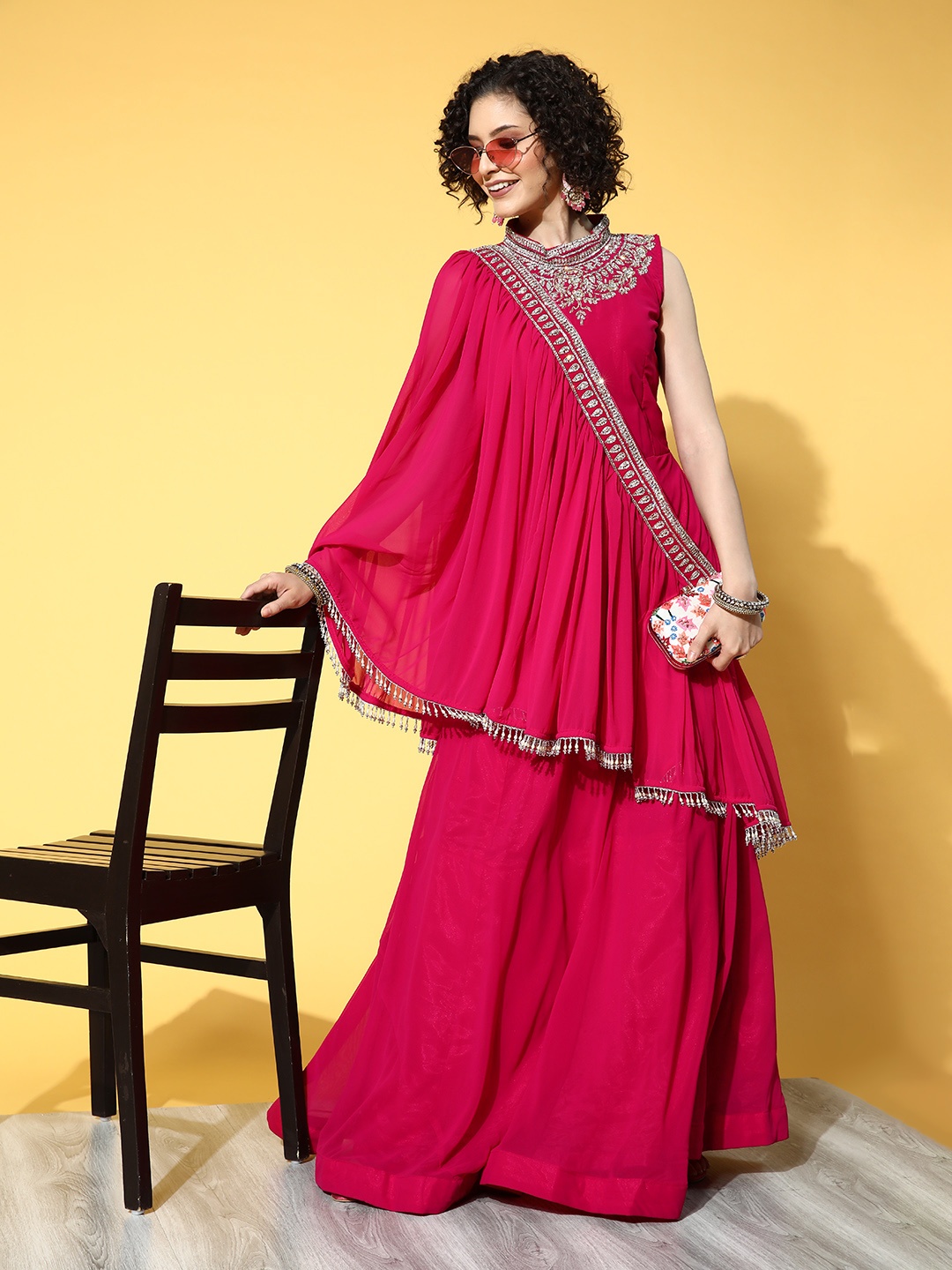 

Chhabra 555 Magenta Embellished Halter Neck Georgette Maxi Dress with Dupatta