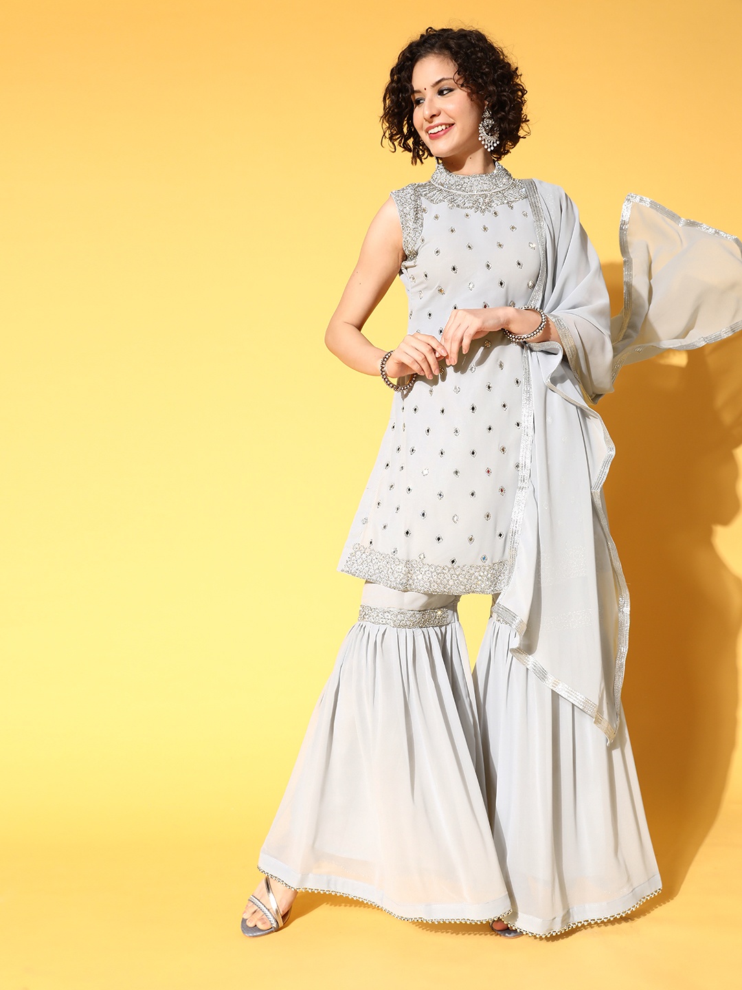 

Chhabra 555 Women Grey Embroidered Mirror Work Kurta with Sharara & With Dupatta