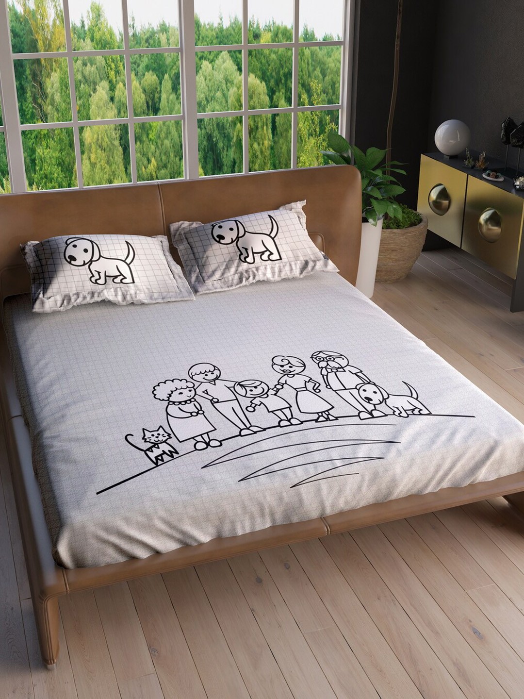 

LABHAM White & Black Cartoon Characters 220 TC King Bedsheet with 2 Pillow Covers