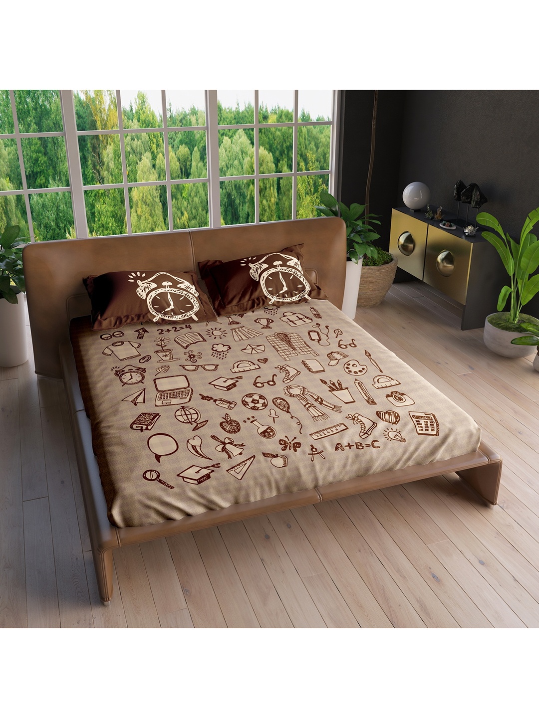 

LABHAM Brown Conversational 220 TC King Bedsheet with 2 Pillow Covers