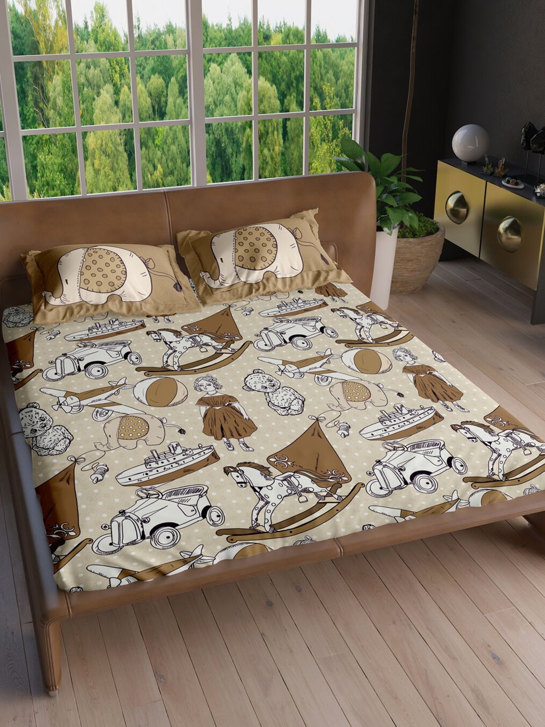 

LABHAM Brown Conversational 220 TC Pure Cotton King Bedsheet with 2 Pillow Covers