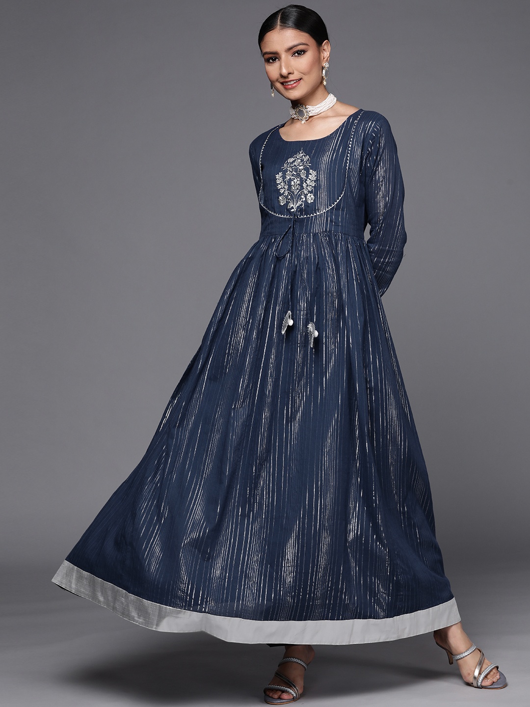 

Varanga Women Blue & Silver-Coloured Striped Embroidered Detail Anarkali Kurta