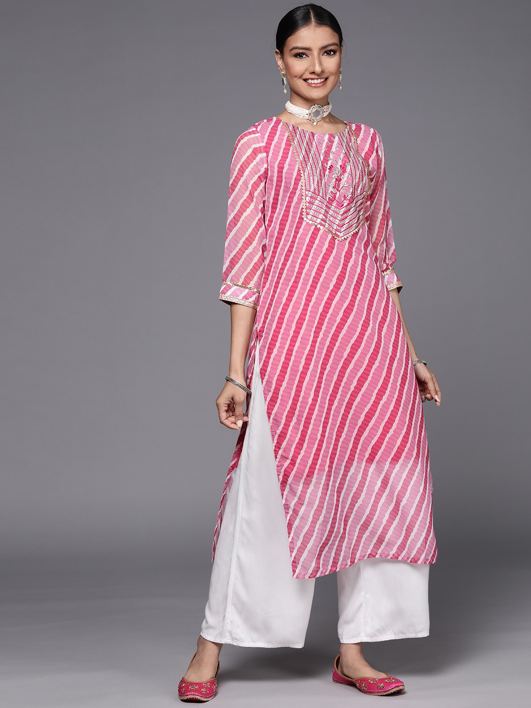 

Varanga Women Pink & White Leheriya Striped Embroidered Detail Georgette Kurta