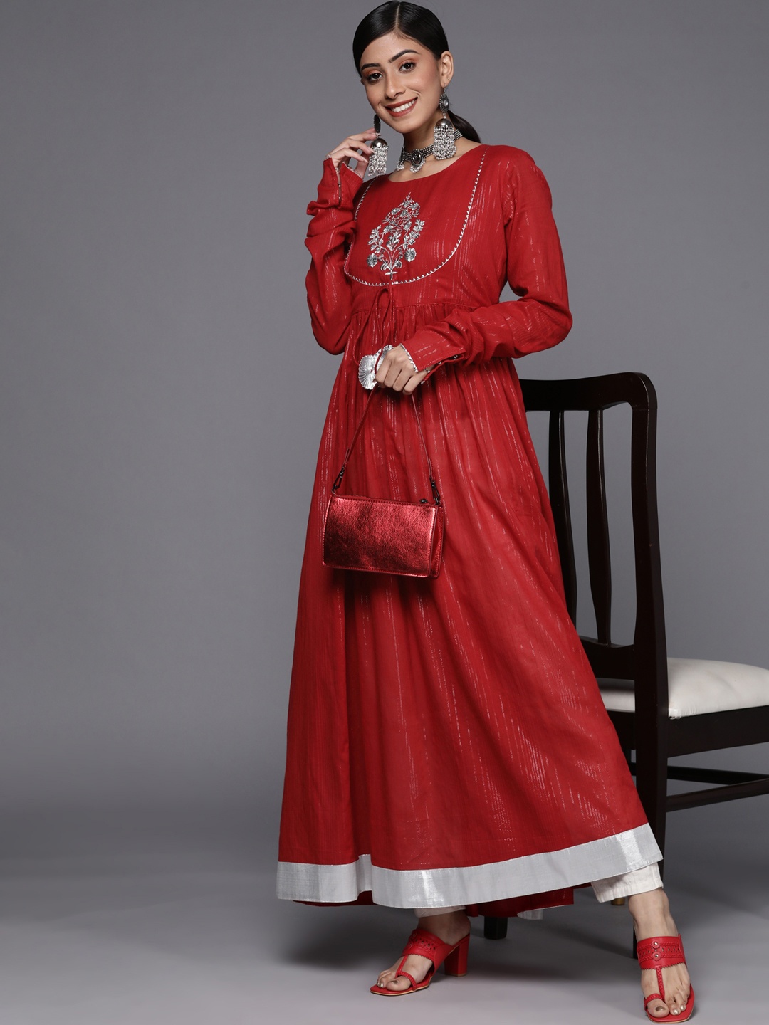 

Varanga Women Red & Silver-Coloured Striped Embroidered Detail Anarkali Kurta
