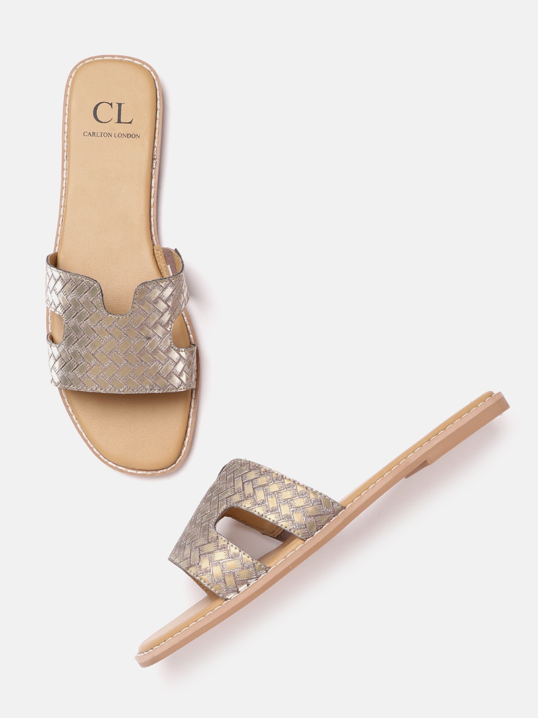 

Carlton London Women Gunmetal-Toned Textured Open Toe Flats, Metallic