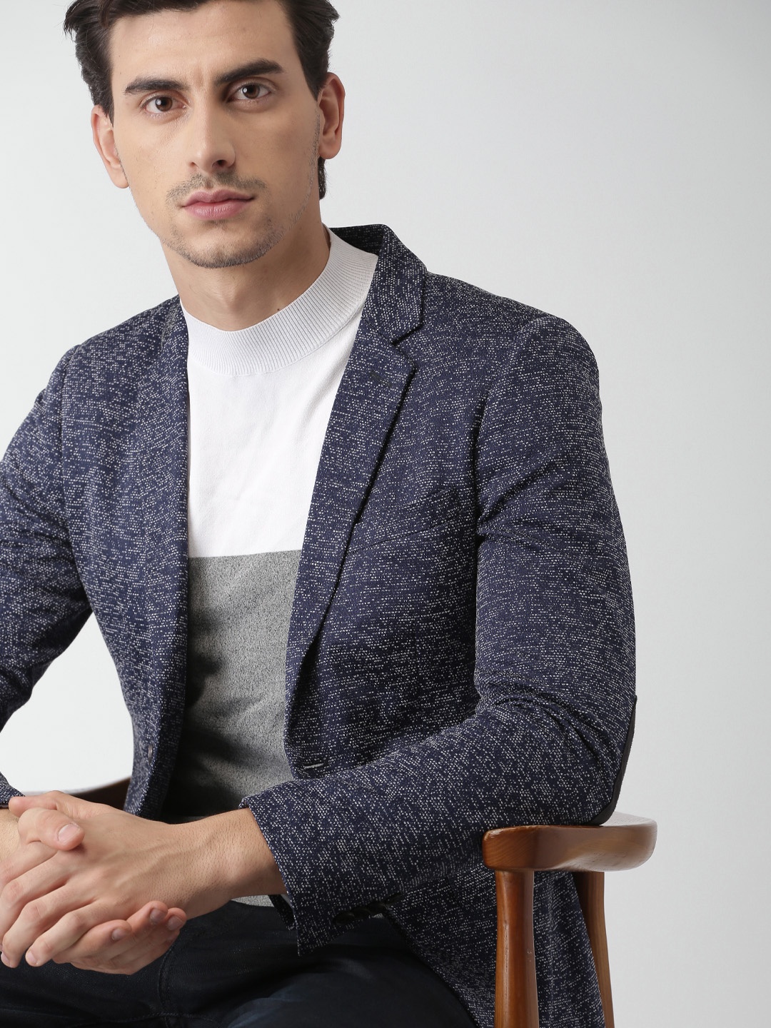 

INVICTUS Navy Self-Design Slim Fit Single-Breasted Casual Blazer, Navy blue
