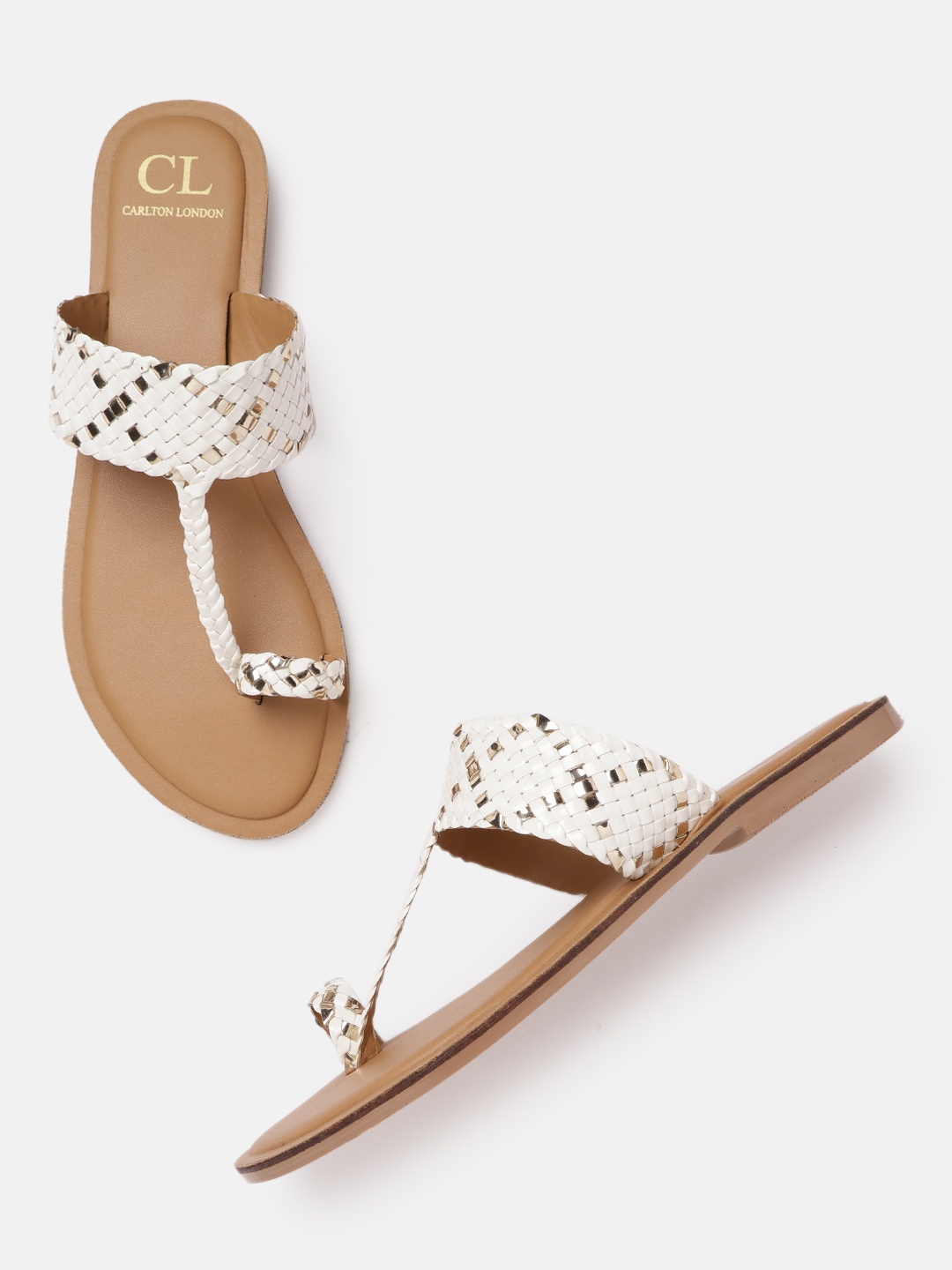 

Carlton London Women White & Gold-Toned Woven Braided Design One Toe Flats