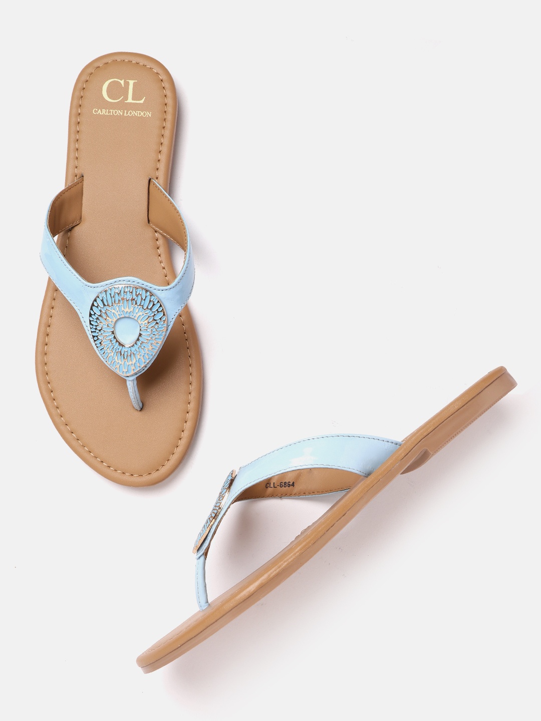 

Carlton London Women Blue & Gold-Toned Western Embellished Open Toe Flats, Turquoise blue