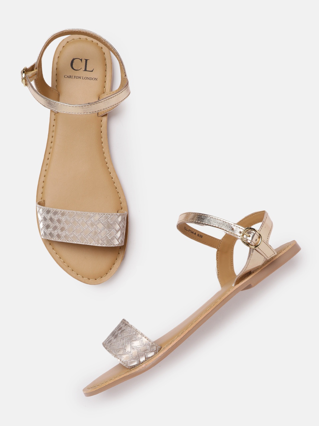 

Carlton London Women Muted Gold-Toned Basket Weave Printed Shimmer Open Toe Flats