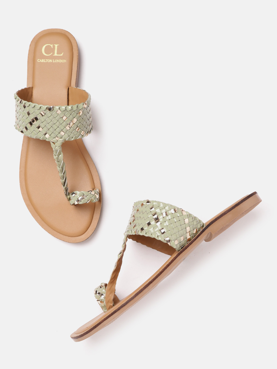 

Carlton London Women Sage Green & Gold-Toned Basket Woven Design One Toe Flats