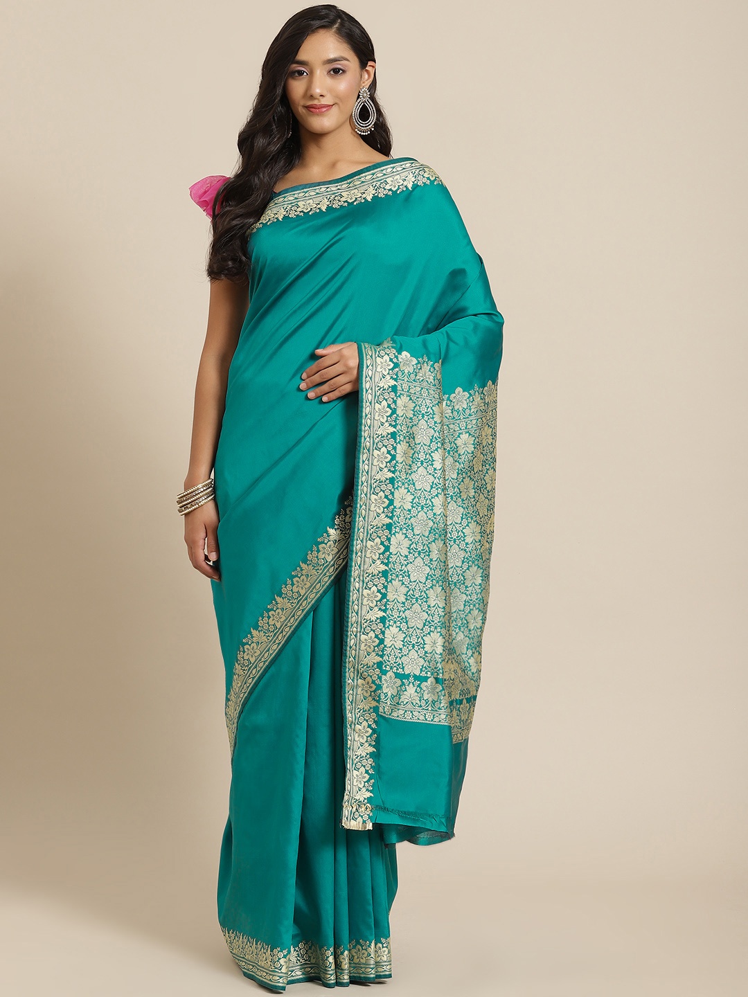 

Chhabra 555 Teal Blue & Golden Ethnic Motifs Zari Silk Blend Banarasi Saree