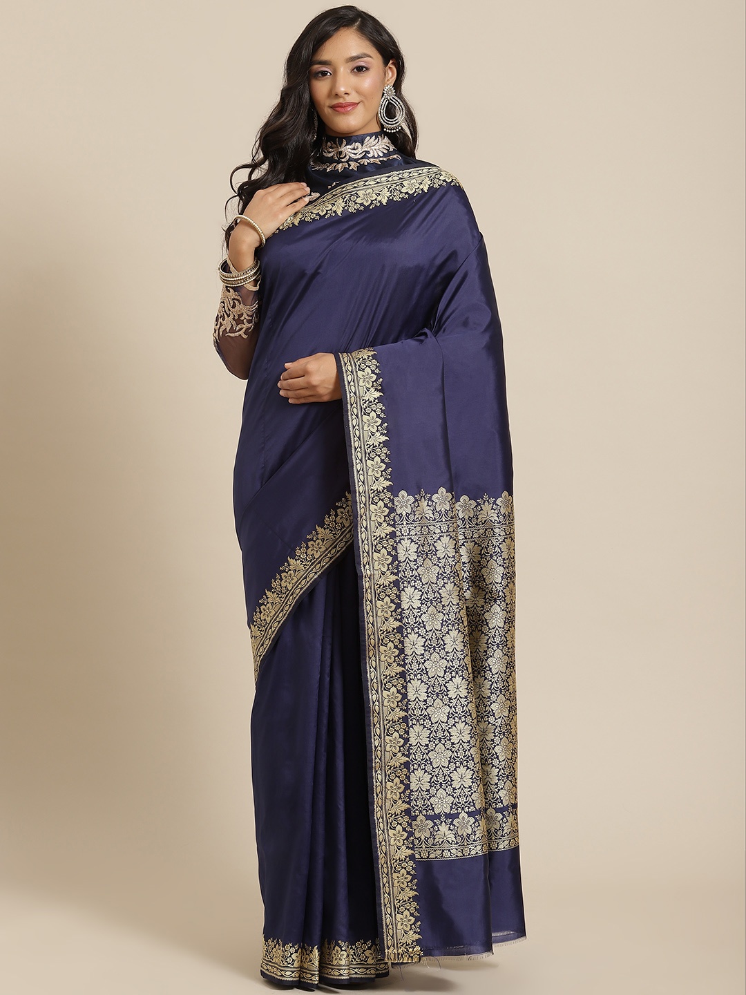 

Chhabra 555 Navy Blue & Golden Ethnic Motifs Zari Silk Blend Banarasi Saree