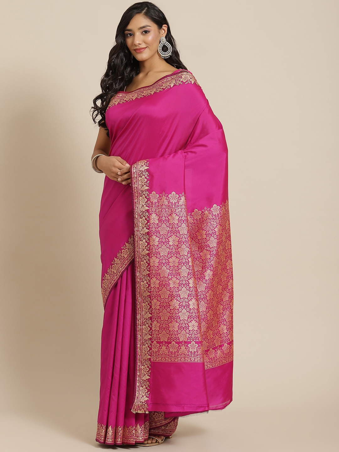 

Chhabra 555 Magenta & Golden Ethnic Motifs Zari Silk Blend Banarasi Saree