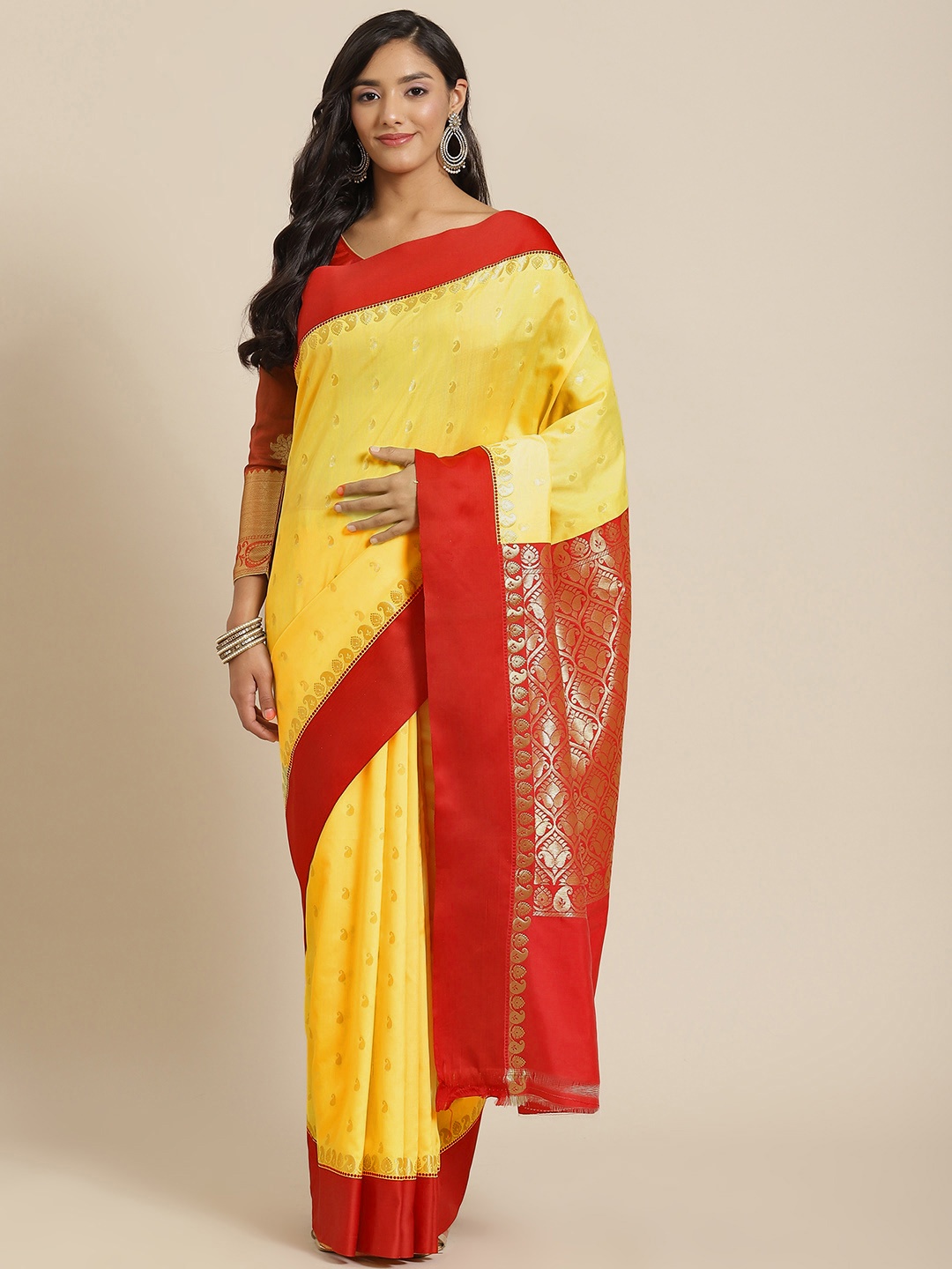 

Chhabra 555 Yellow & Red Zari Silk Blend Gadwal Saree