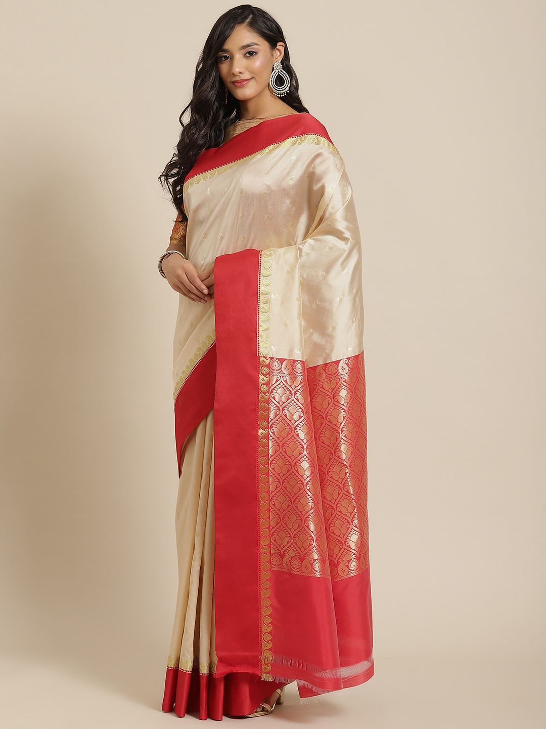 

Chhabra 555 Beige & Red Ethnic Motifs Zari Silk Blend Kasavu Saree