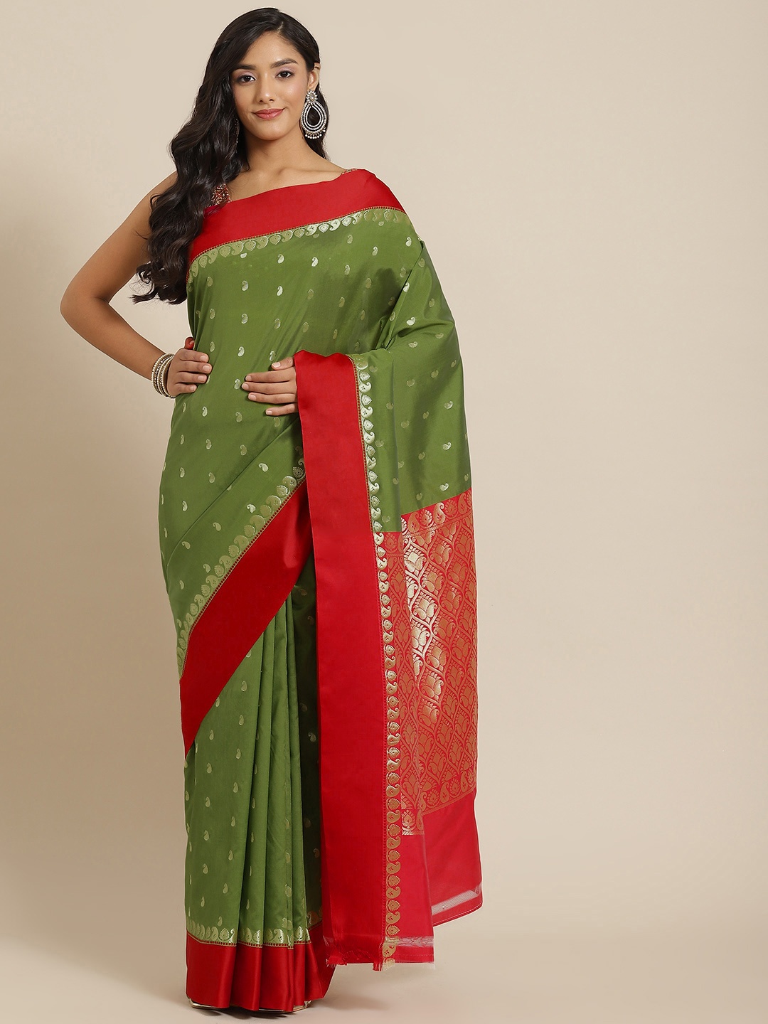 

Chhabra 555 Green & Red Ethnic Motifs Zari Silk Blend Gadwal Saree