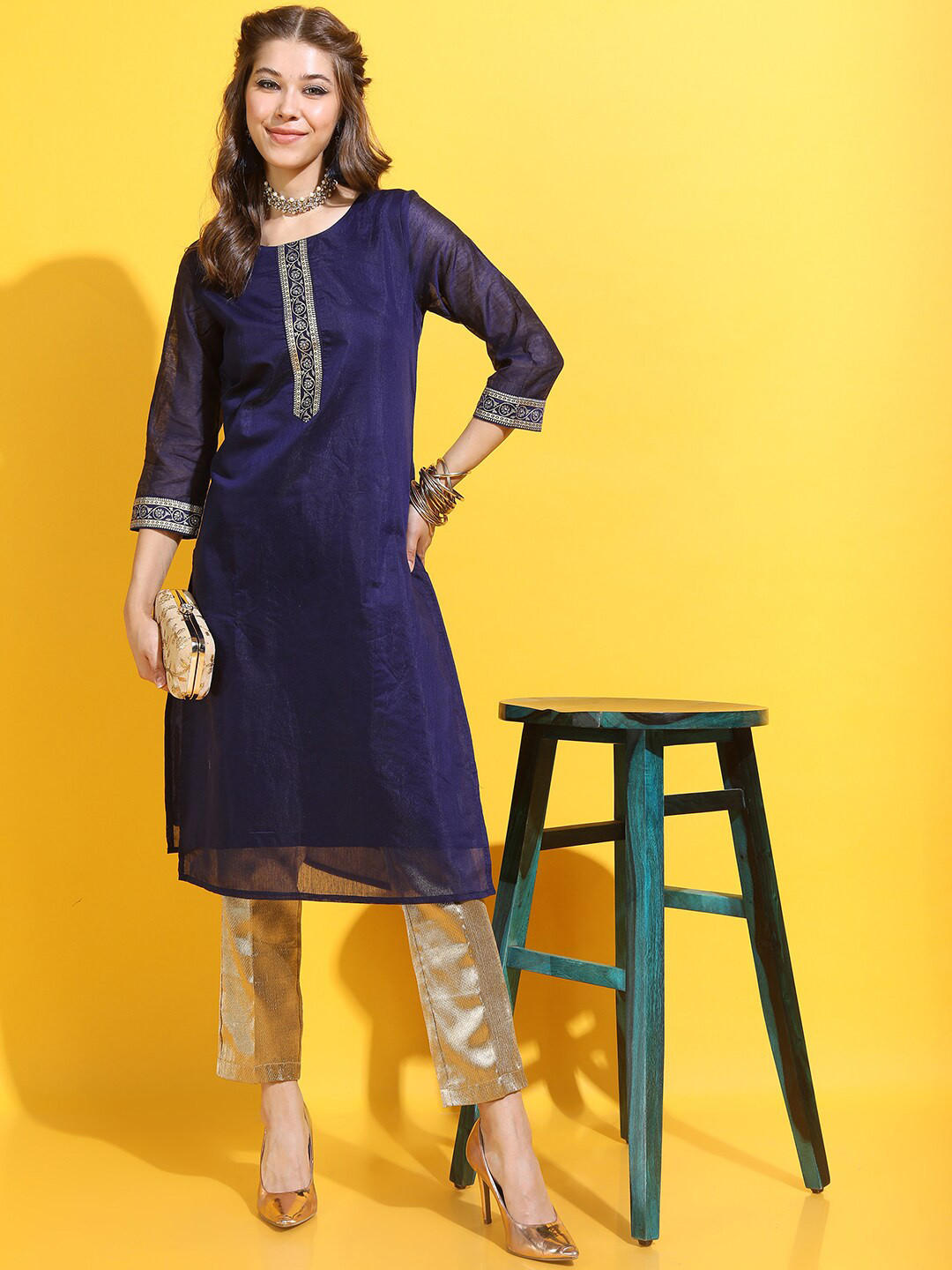 

Vishudh Women Stylish Navy Blue Solid Cotton Kurta