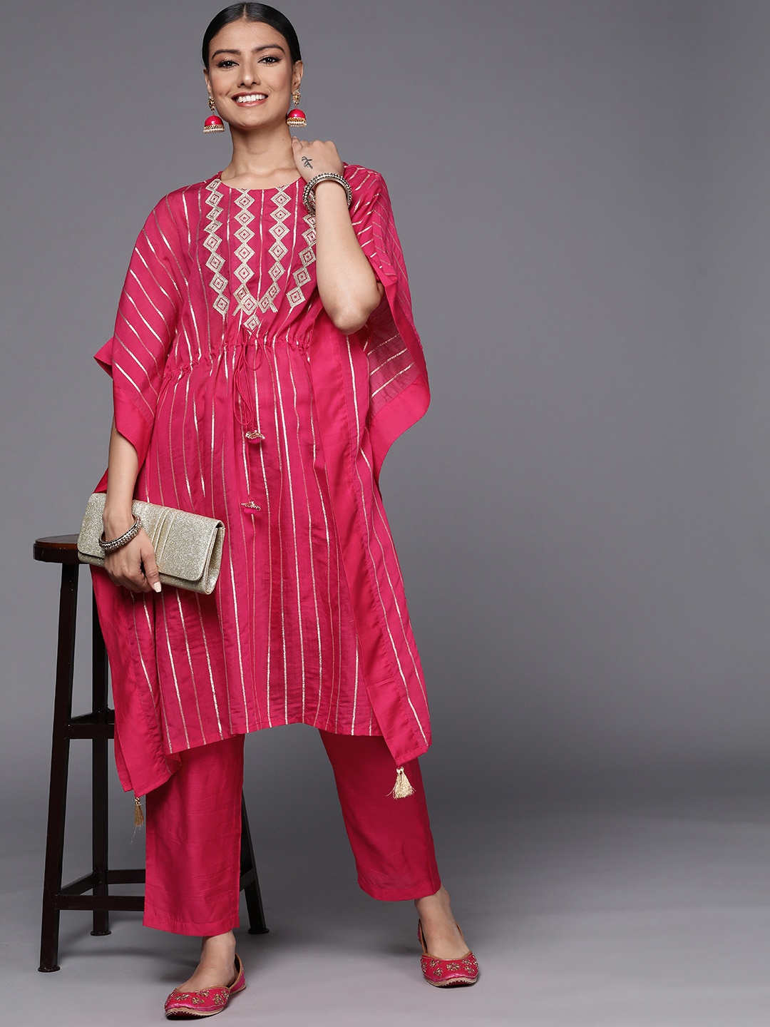 

Varanga Women Pink Embroidered Chanderi Silk Kurta with Trousers