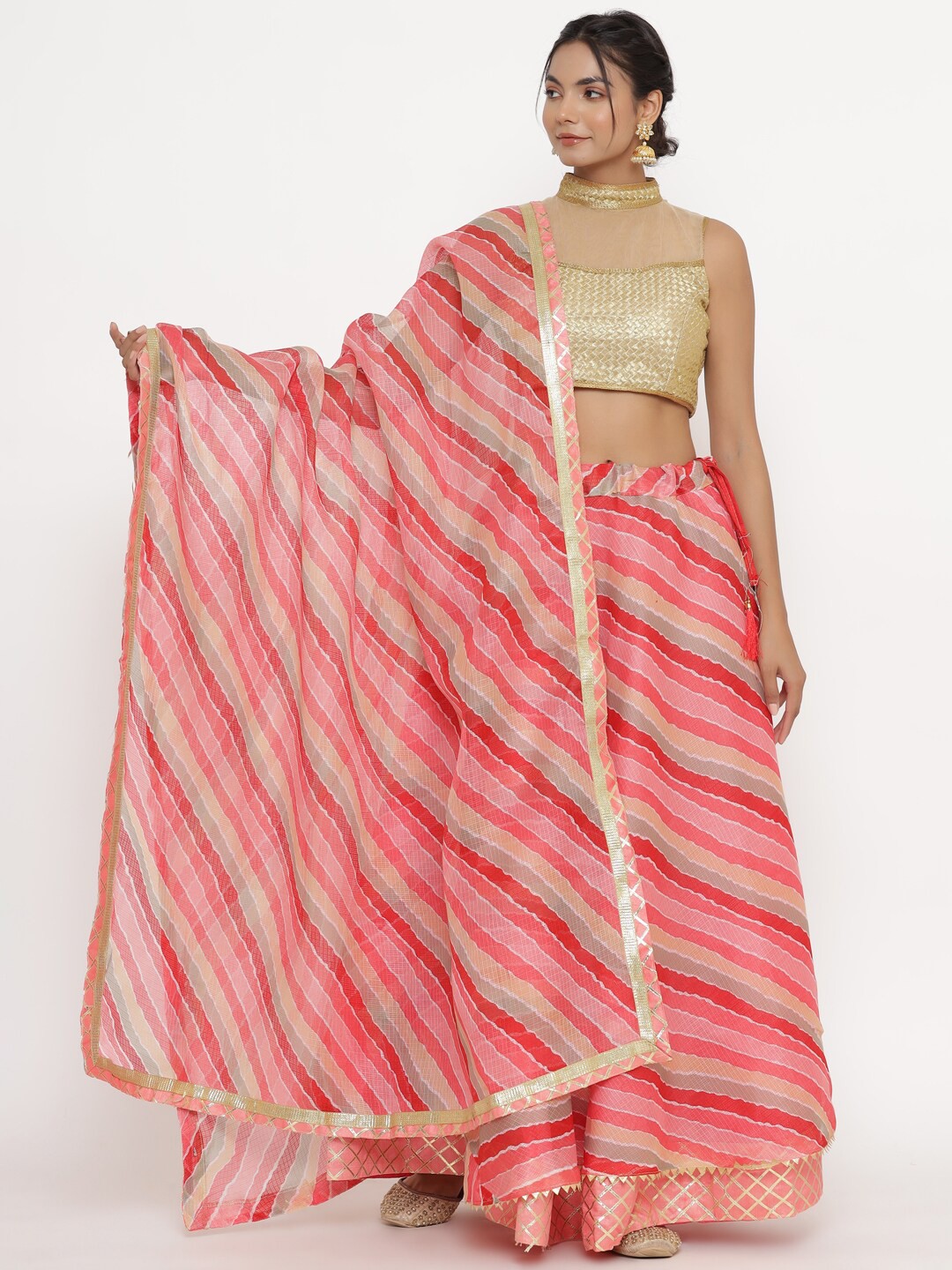 

Kesarya Pink & Red Embellished Ready to Wear Lehenga & Unstitched Blouse With Dupatta