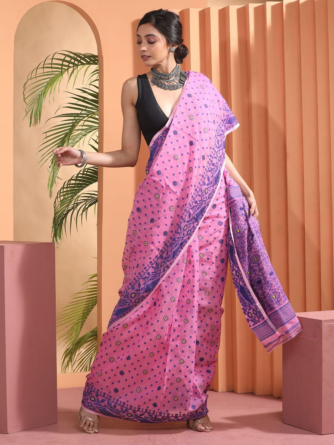 

BEATITUDE Pink & Blue Woven Design Silk Cotton Jamdani Saree
