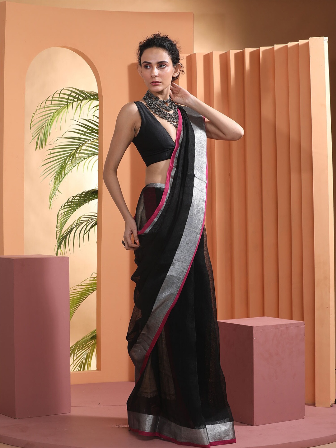 

BEATITUDE Black & Silver-Toned Zari Bordered Pure Linen Saree