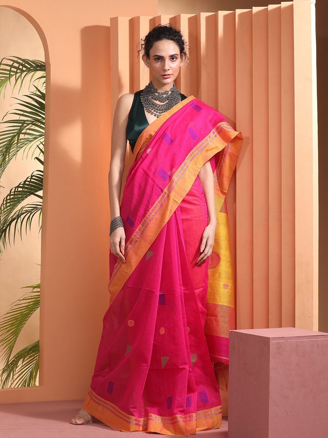 

BEATITUDE Pink & Yellow Woven Design Saree