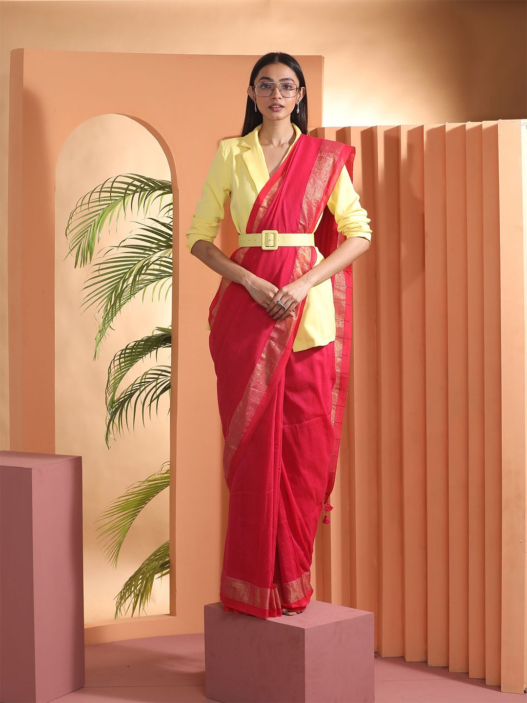 

BEATITUDE Red Pure Cotton Saree