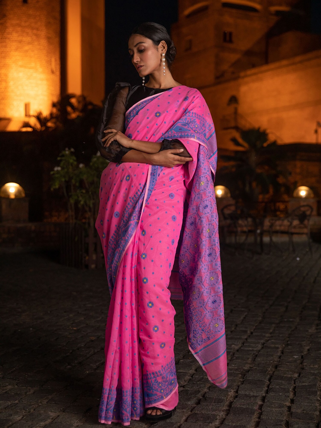 

BEATITUDE Pink Zari Silk Cotton Jamdani Saree