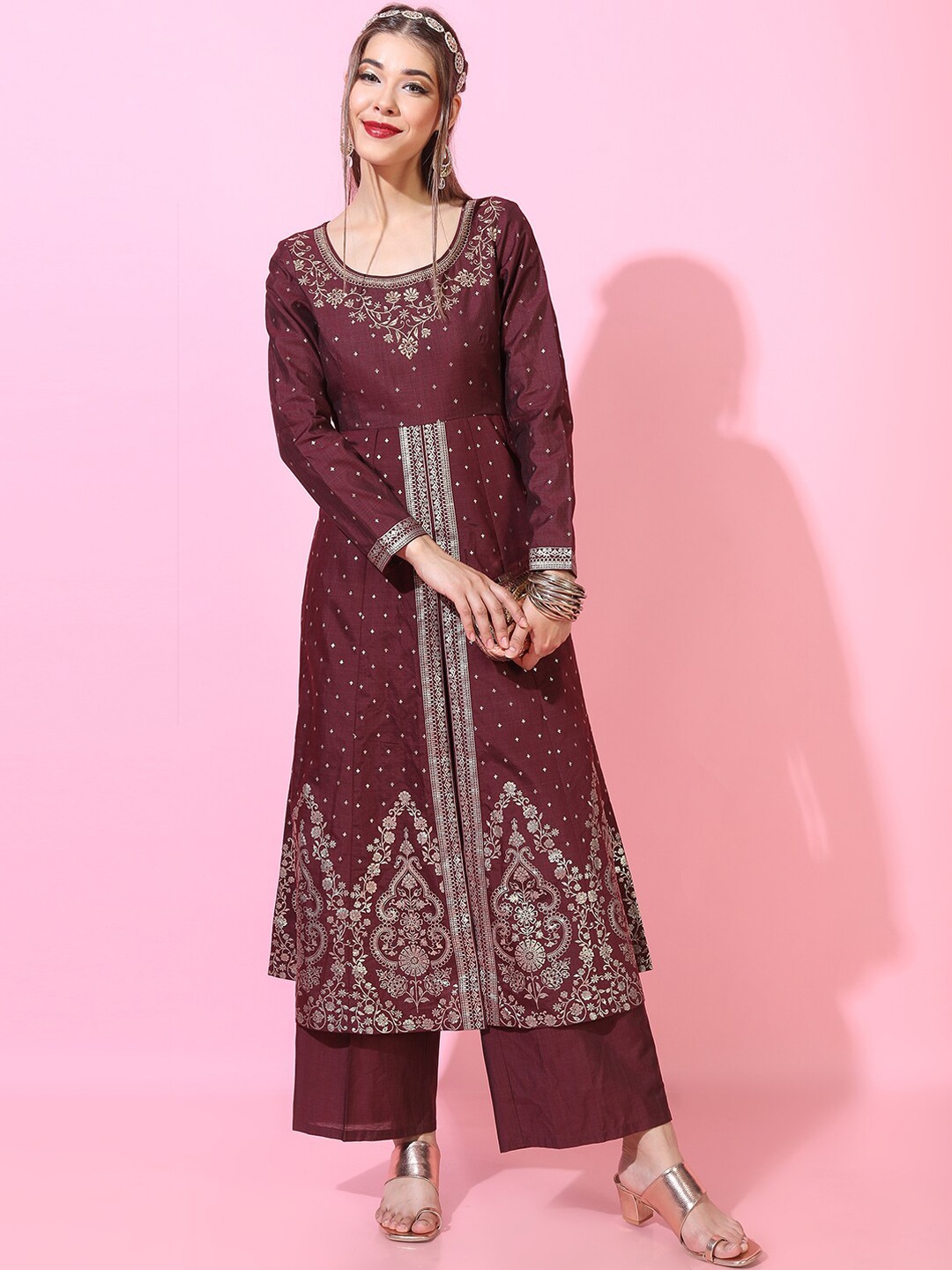 

Vishudh Women Maroon Floral Embroidered Kurta with Palazzos