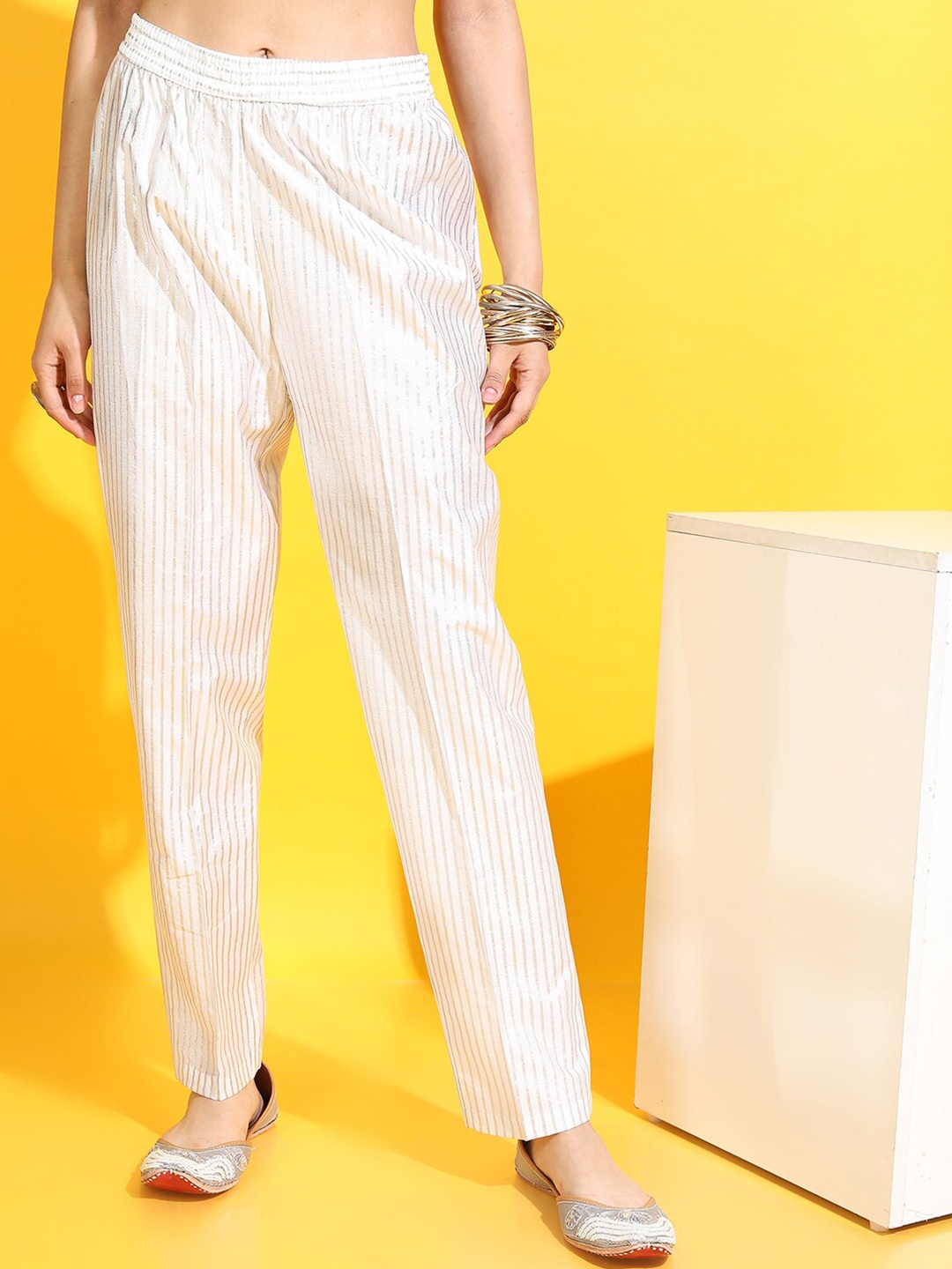 

Vishudh Women Classic White Striped Trouser