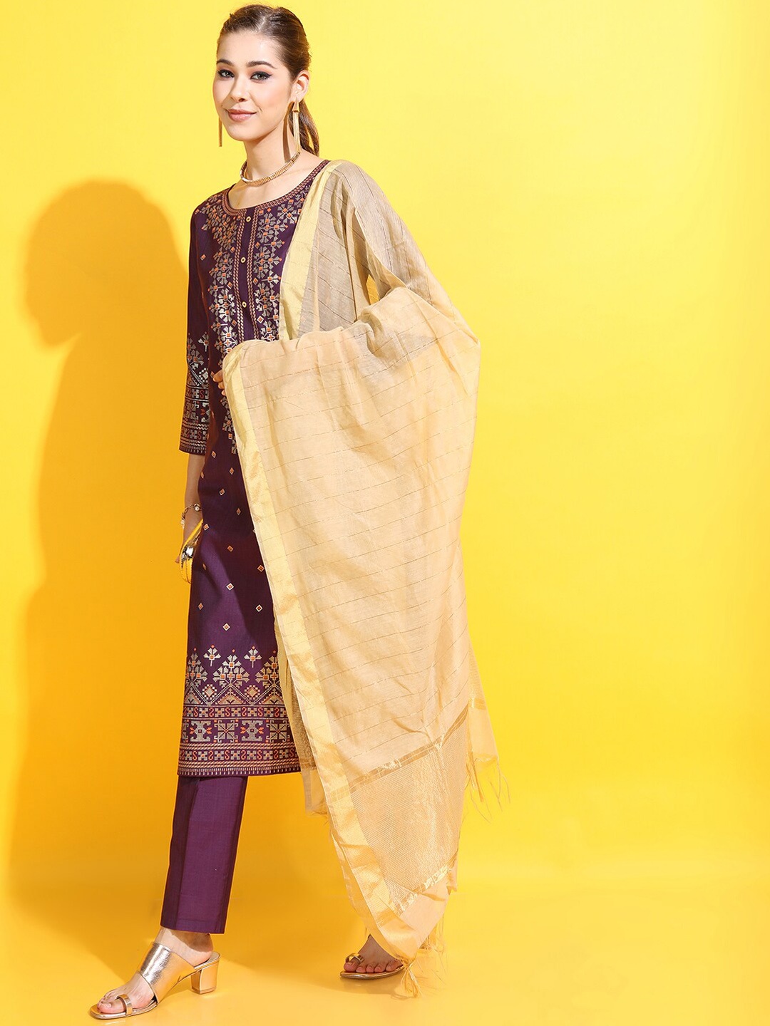 

Vishudh Women Purple Ethnic Motifs Panelled Kurta with Trousers & With Dupatta