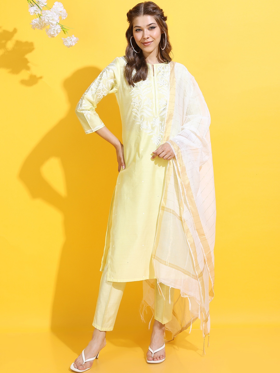

Vishudh Women Floral Viscose Rayon Kurta with Trouser and Dupatta, Yellow