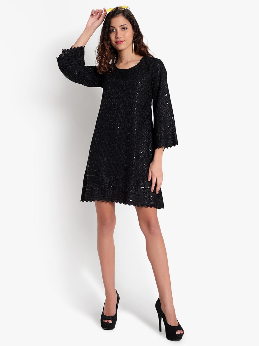 

Indietoga Women Black Embroidered & Sequinned Scalloped A-Line Knee-Length Dress